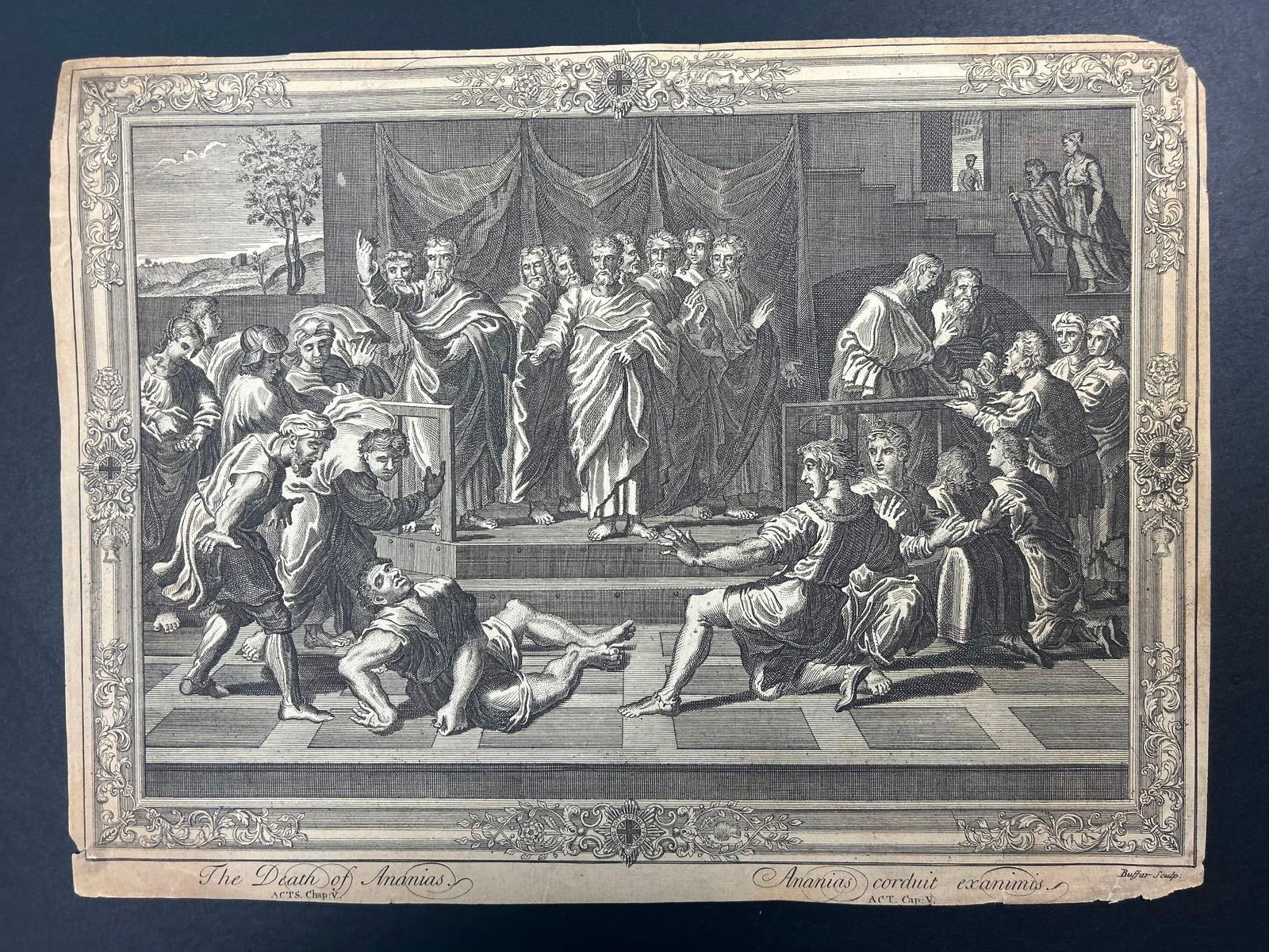 'The Deaths of Ananius and Sapphira' after Louis Chéron (British, 1660–1725): Continental, 18th century. An engraving by Louis Chéron (British (born France), 1660–1725). Measures 11 x 14 inches. Some loss at edges, some graphite marks in margins.