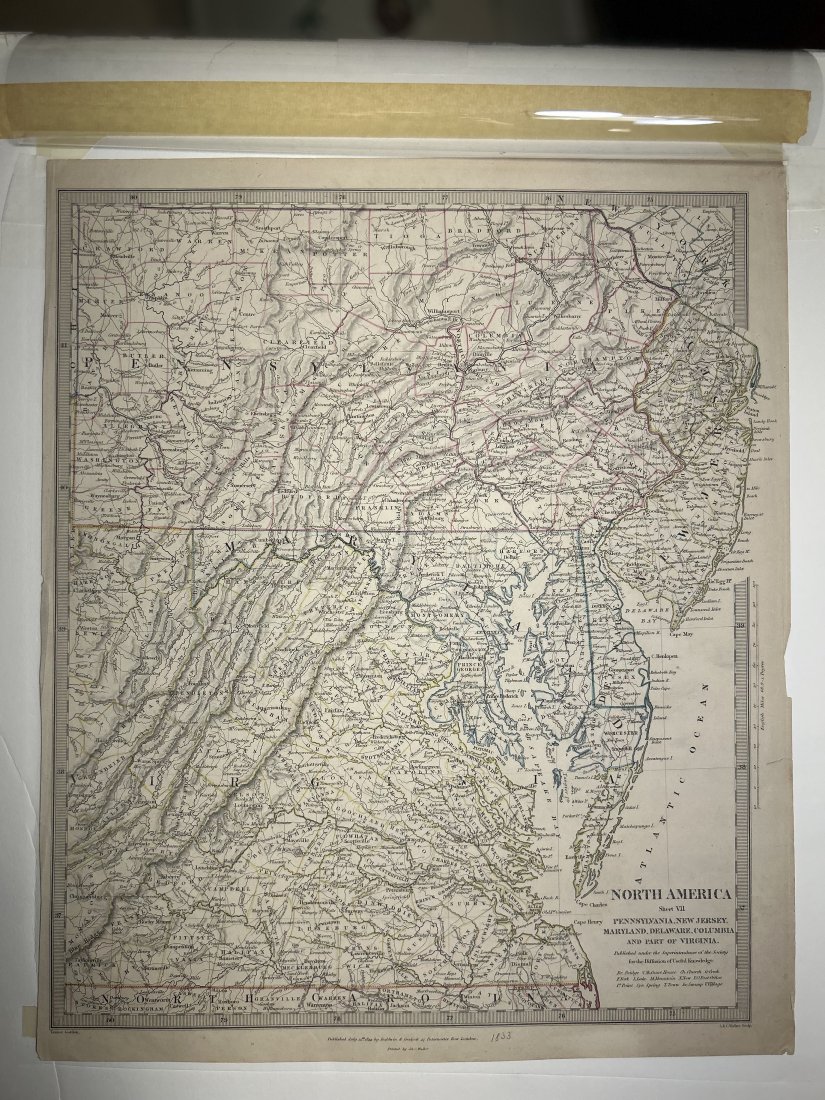 1833 Map of Pennsylvania, New Jersey, MaryLand, Delaware, Columbia and Part of Virginia: Map published by Baldwin and Cadock in 1833. Map measures approx 13 1/4" x 18" Overall good condition.