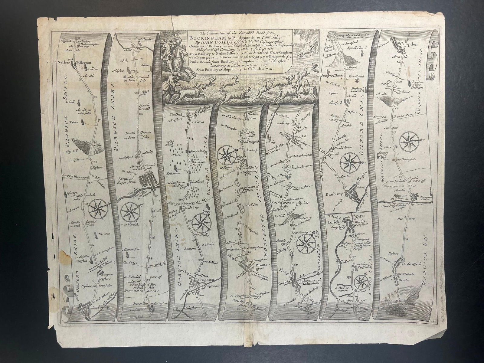 1645 Road Map by John Ogilby Buckingham to Bridgnorth Plate 23 (1 of 4)