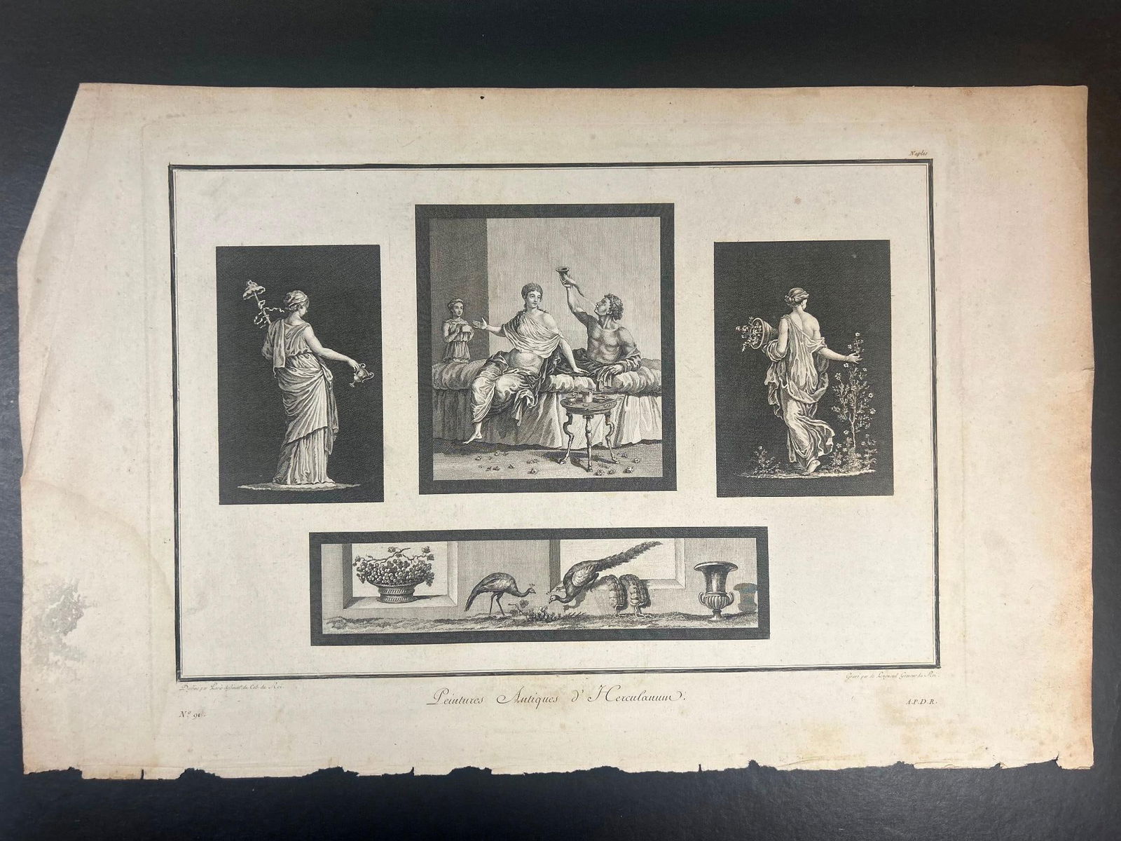 Antiques of Herculaneum Etching: Antiques of Herculaneum Etching depicting figures and decoration. On laid paper. Page measures approx 20" x 13" Overall good condition. Some loss to edges and foxing.