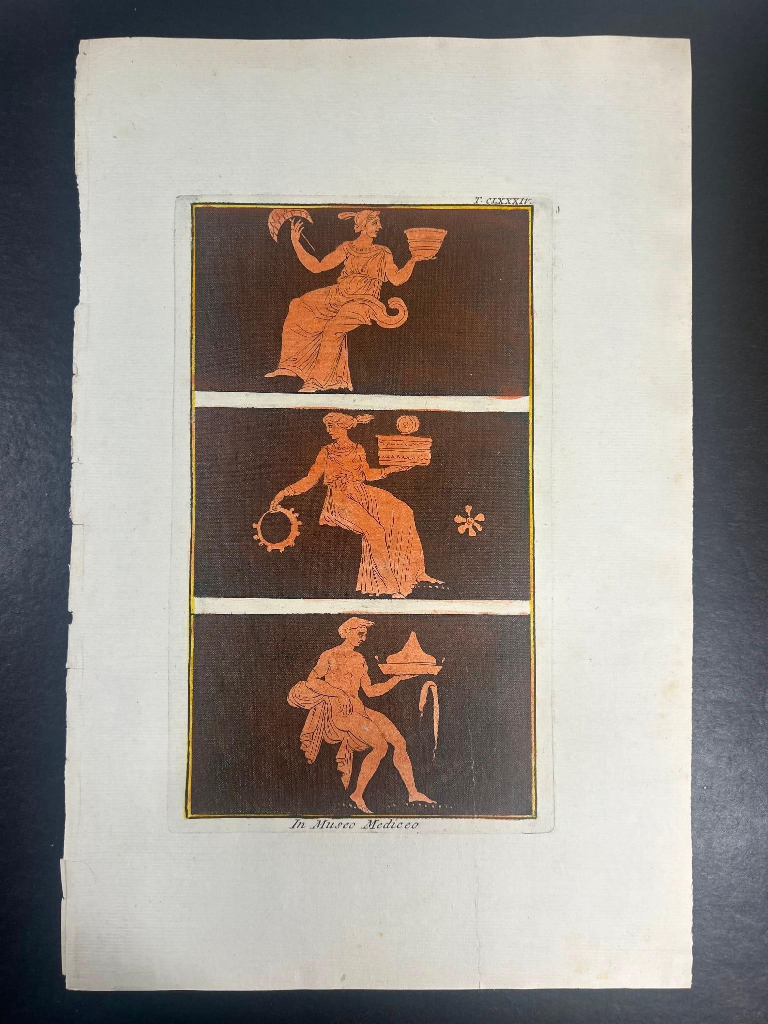 Hand-Painted Engraving of Vase Figures in Museo Mediceo: Hand-Painted Engraving of Vase Figures in Museo Mediceo. On laid paper. 18th century. Page measures approx 11" x 16 3/4" Overall good condition. Some loss to edges.