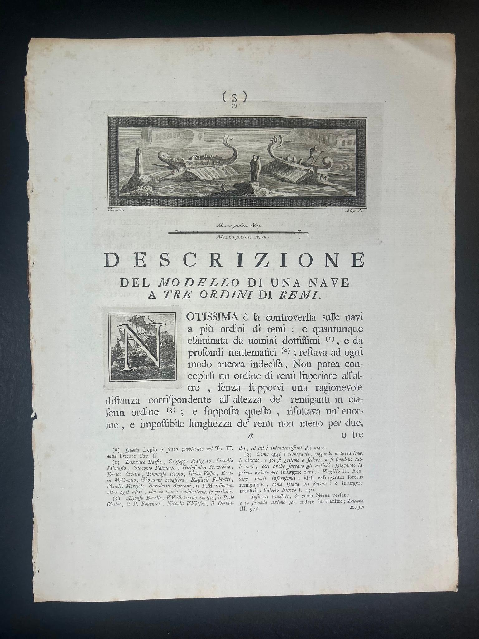 Antiquities of Herculaneum Page Depicting Ship Illuminated N Etchings and Text (1 of 2)