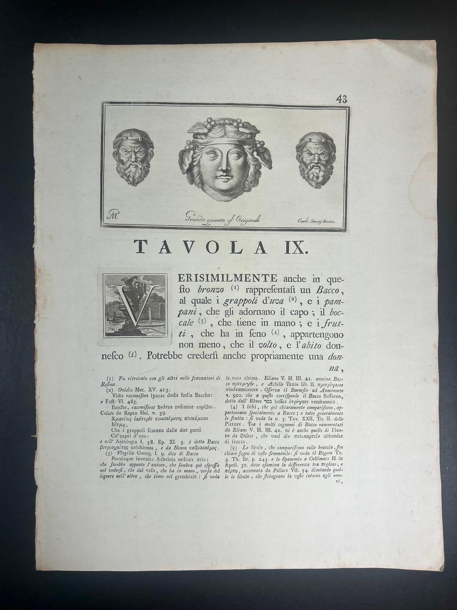 Herculaneum Antiques Page featuring Heads and Illuminated V Etchings: Herculaneum Antiques Page featuring Heads and Illuminated V Etchings. On laid paper. 18th Century. Page measures approx 14 x 18 1/2" Overall good condition. Some loss to edge.