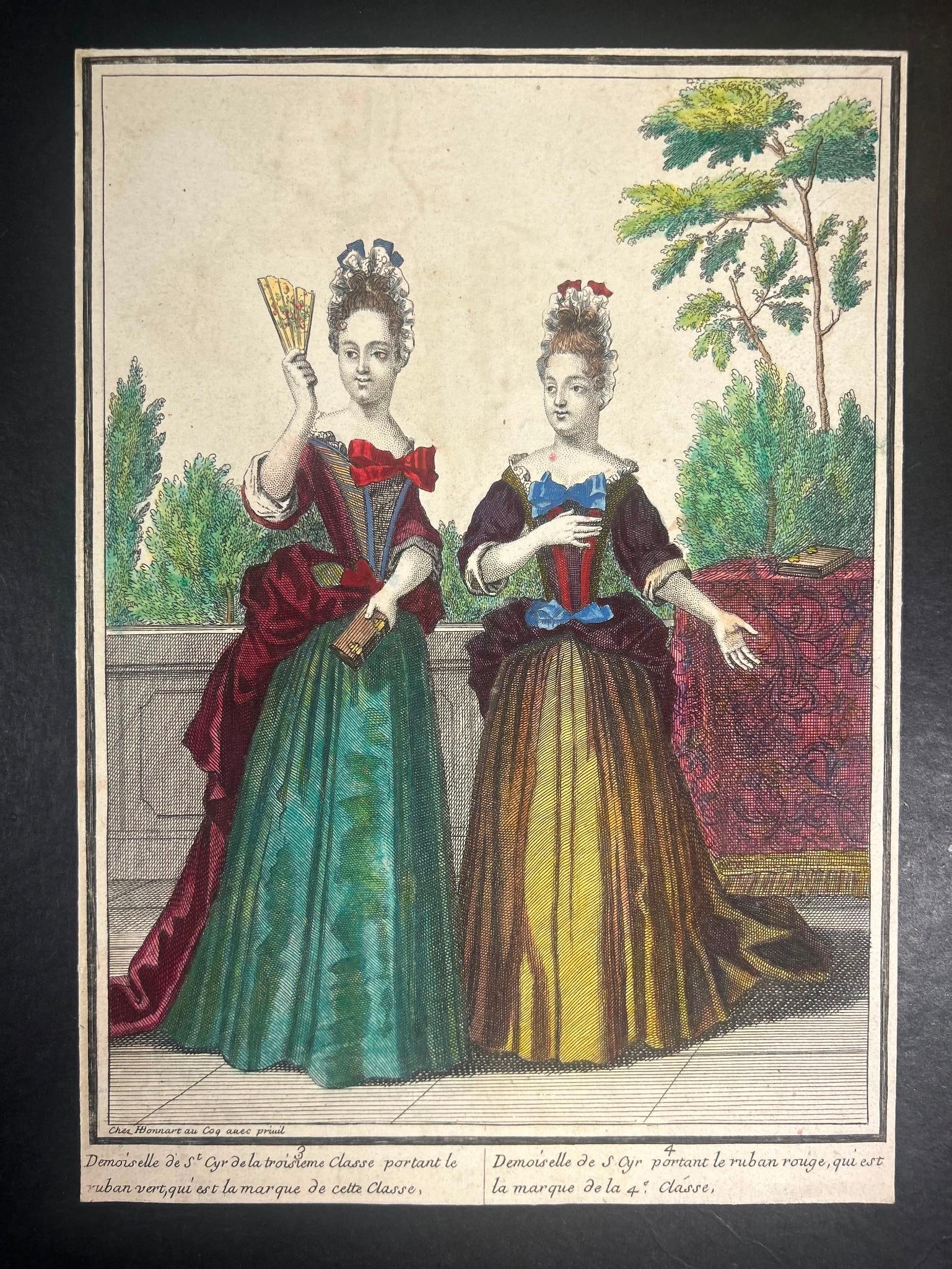 R. Bonnart Young Women Hand-Colored Engraving: R. Bonnart Young Women Hand-Colored Engraving. On laid paper. Measures approx 7" x 10" Overall good condition.