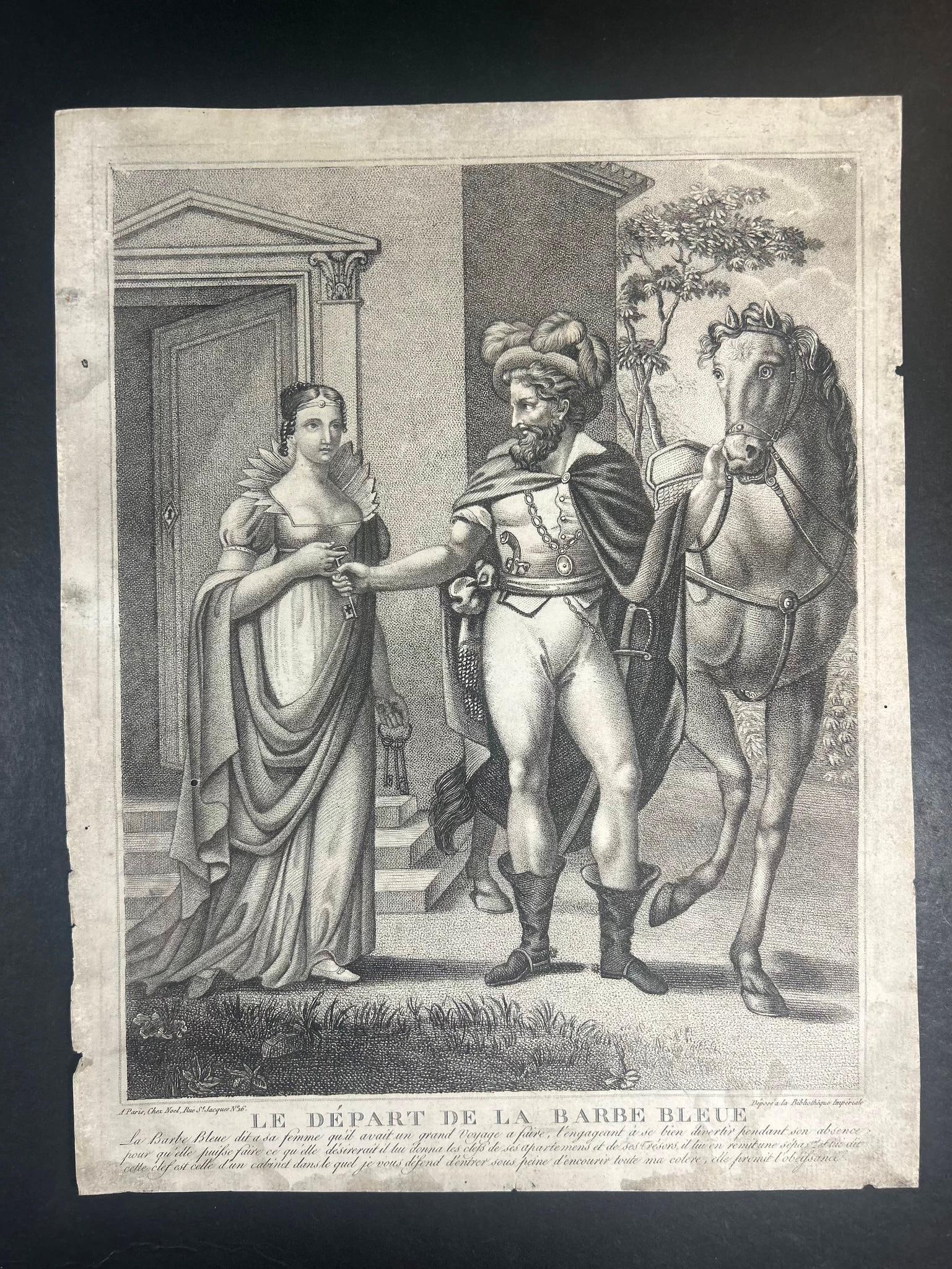'Le Depart de la Barbe Bleue' Copperplate Engraving: France, 17th/18th century. An intaglio engraving on lined paper, no watermarks present. Measures 10 x 12.5 inches.
