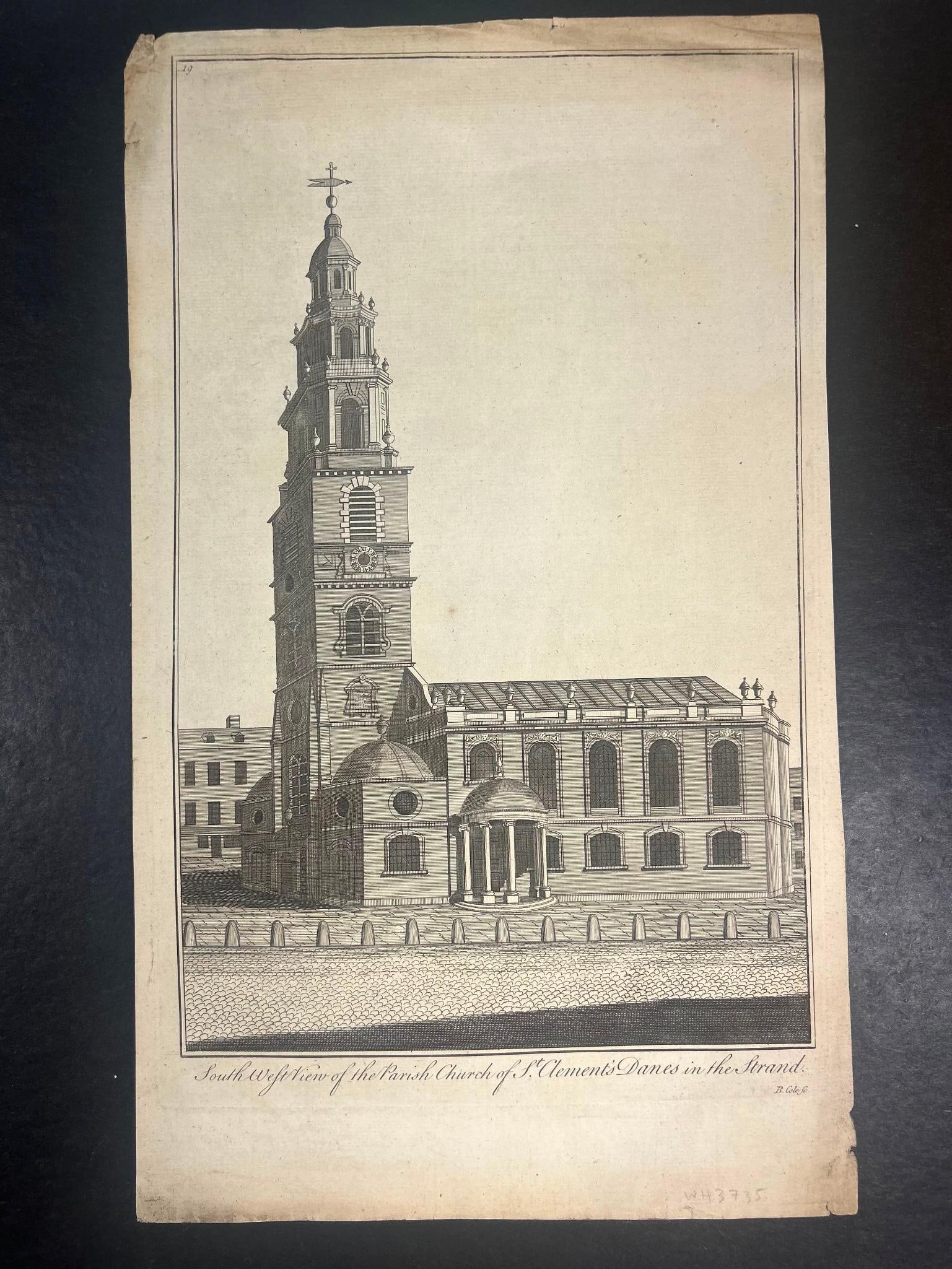 Engraving of Saint Clement's Church, after R. Cole: England, 19th century. An engraving of St. Clement's Danes, overall good condition.