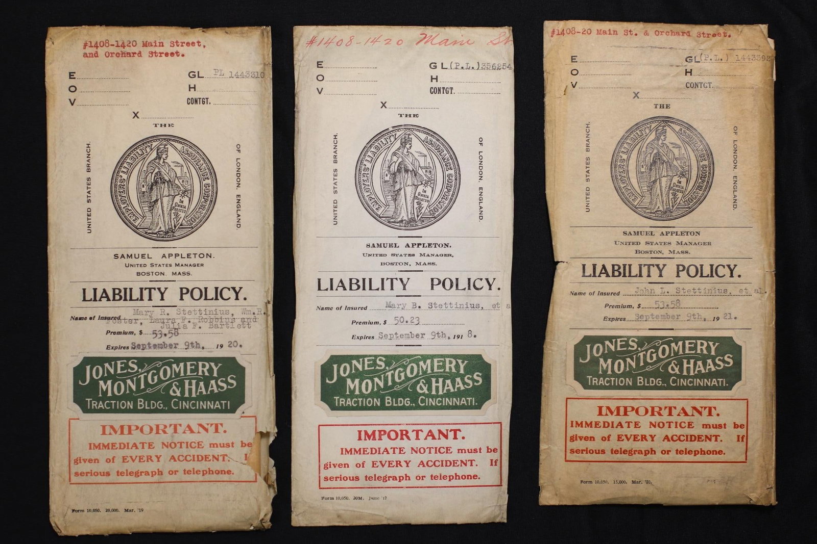 Antique Liability Policies, John Longworth Stettinius: America, 19th century. Liability Policies belonging to John Longworth Stettinius and his wife, Mary. John was the son of John and Mary (Longworth) Stettinius and the grandson of the wealthy Cincinnati