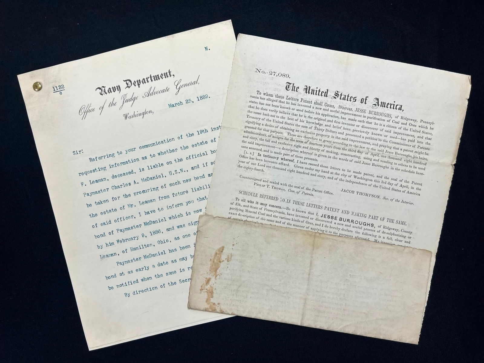 Navy Department Office of the Judge Advocate General 1889 Letter + Coal Purification Patent (1 of 4)
