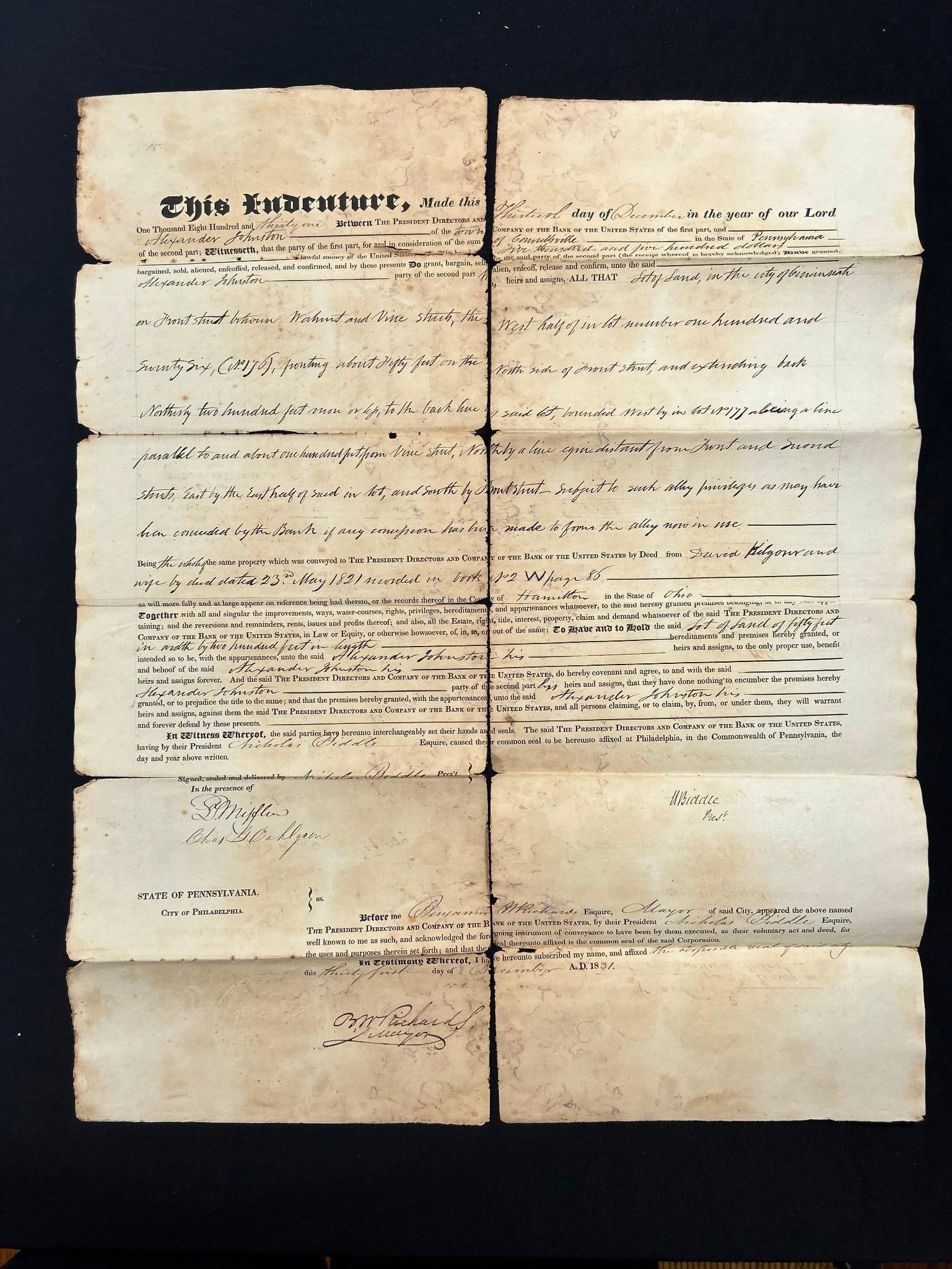 1832 Downtown Cincinnati Land Deed, Signed Mayor Benjamin Wood Richards (1 of 6)