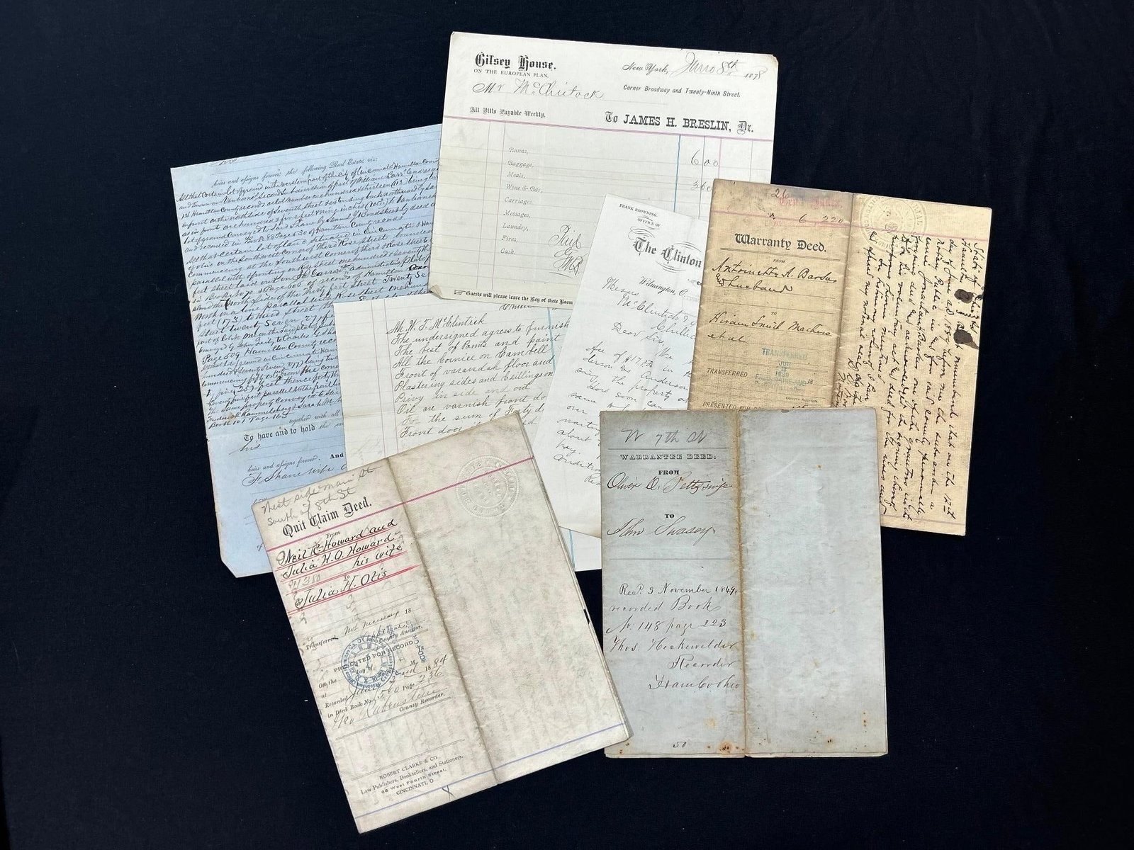 1870s Cincinnati Deeds and Receipts: America, 19th century. A lot of various Cincinnati deeds and various papers including receipts and letters. 306