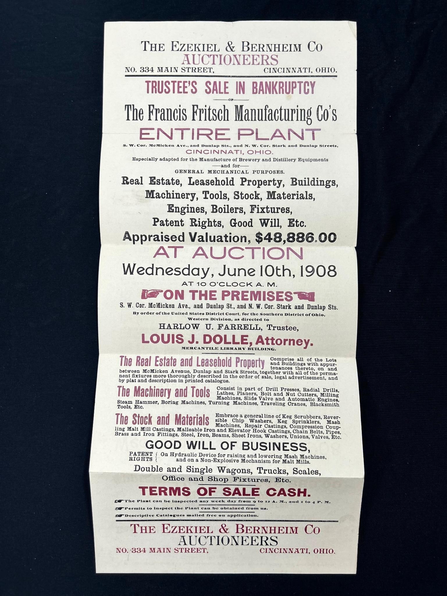 1908 Ezekiel & Bernheim Co. Cincinnati Auctioneers Flyer: America, 20th century. A flyer from the Ezekiel & Bernheim Company dating to 1908. Overall good condition; some light wear throughout. 308