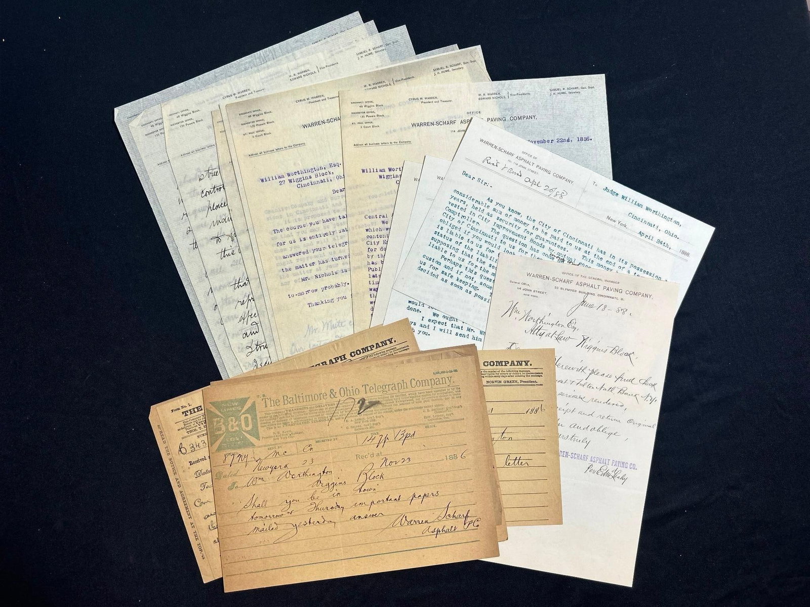 1880s Cincinnati Industrial Letters, Warren-Scharf Asphalt Paving Company: America, 19th century. Correspondence between the Warren-Scharf Asphalt Paving Company in New York and William Worthington concerning paving to Central Avenue in downtown Cincinnati. Dating to the 188