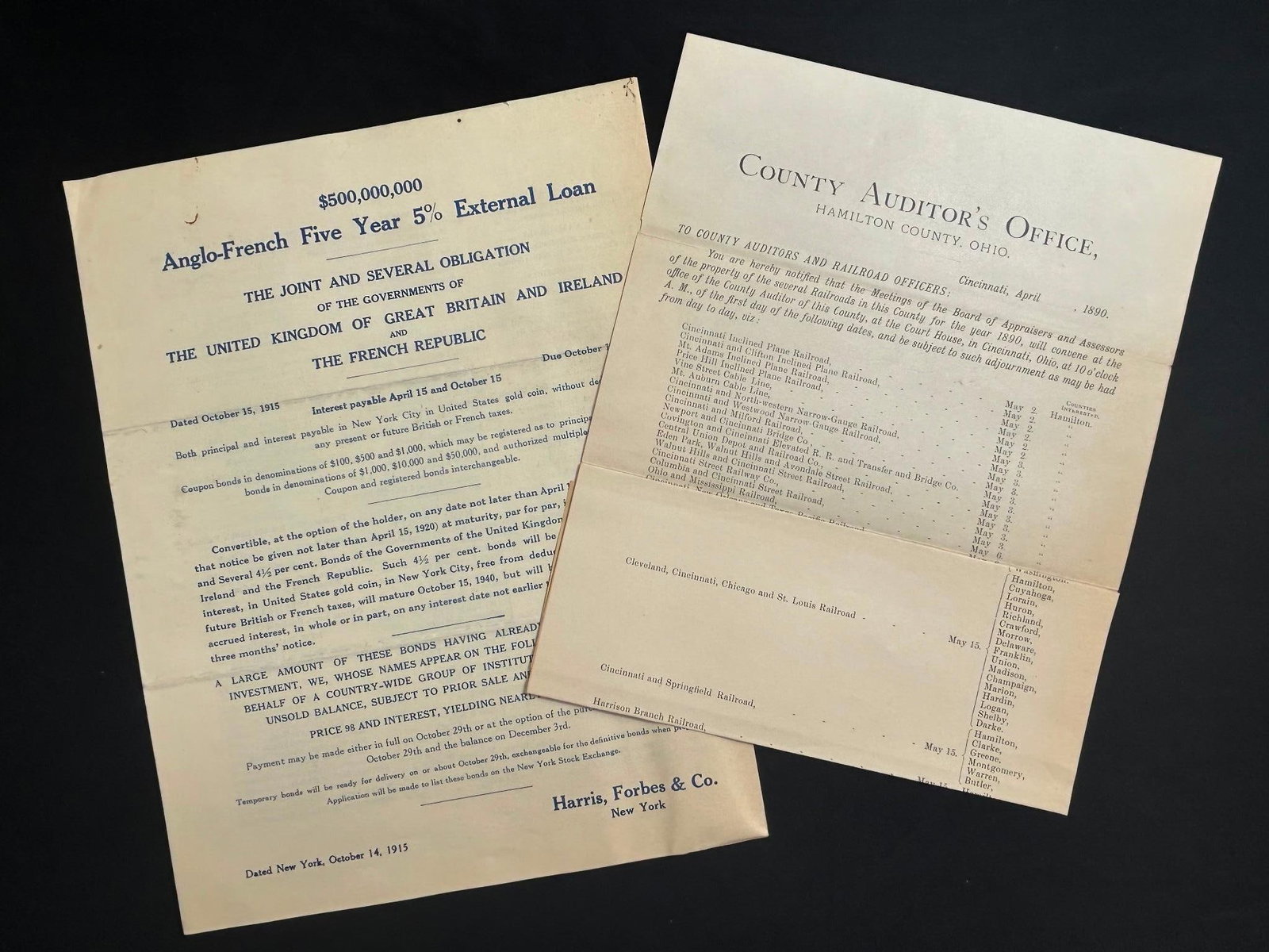 1890 Hamilton Country Auditors Office Railroad Meeting: America, 19th century. A Hamilton Country Auditors Office address for the "Meetings of the Board of Appraisers and Assessors for Railroads in this County." 415