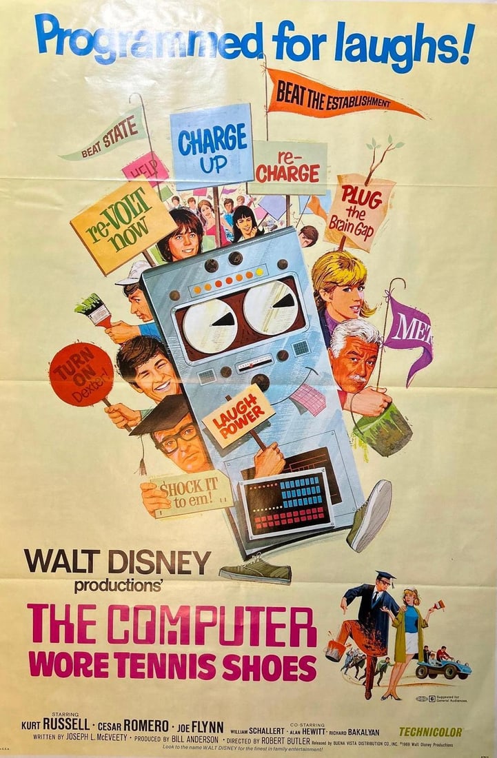 A 1969 'The Computer Wore Boots' Movie Poster Walt Disney Studios: An original movie poster, overall good condition. Measures 26 x 40 inches.