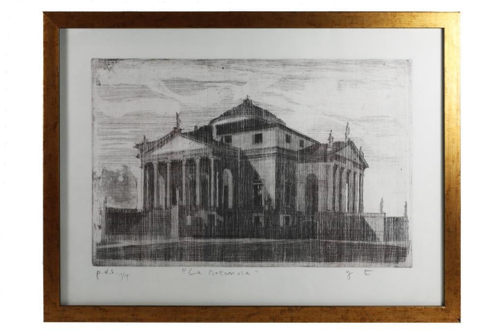 A Framed Engraving of "La Notemole": Signed by artist, lower right, encased in golden frame.