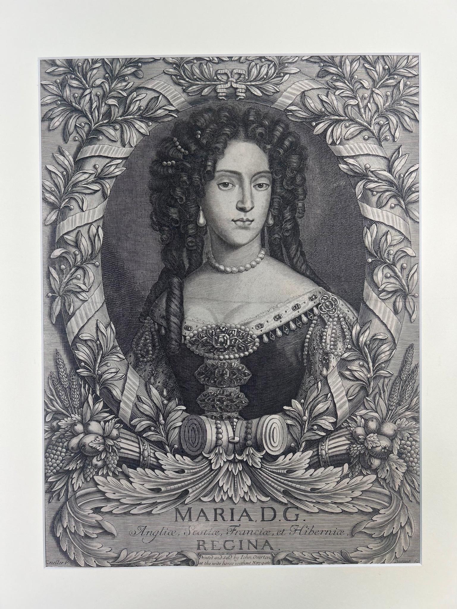 A Maria D.G. Regina Engraving, John Overton: Continental, 18th century. An engraving of a beautiful woman surrounded by vegetation. Sight; 10 x 13 inches. Total; 16.5 x 20 inches. Appears to be on lined paper.