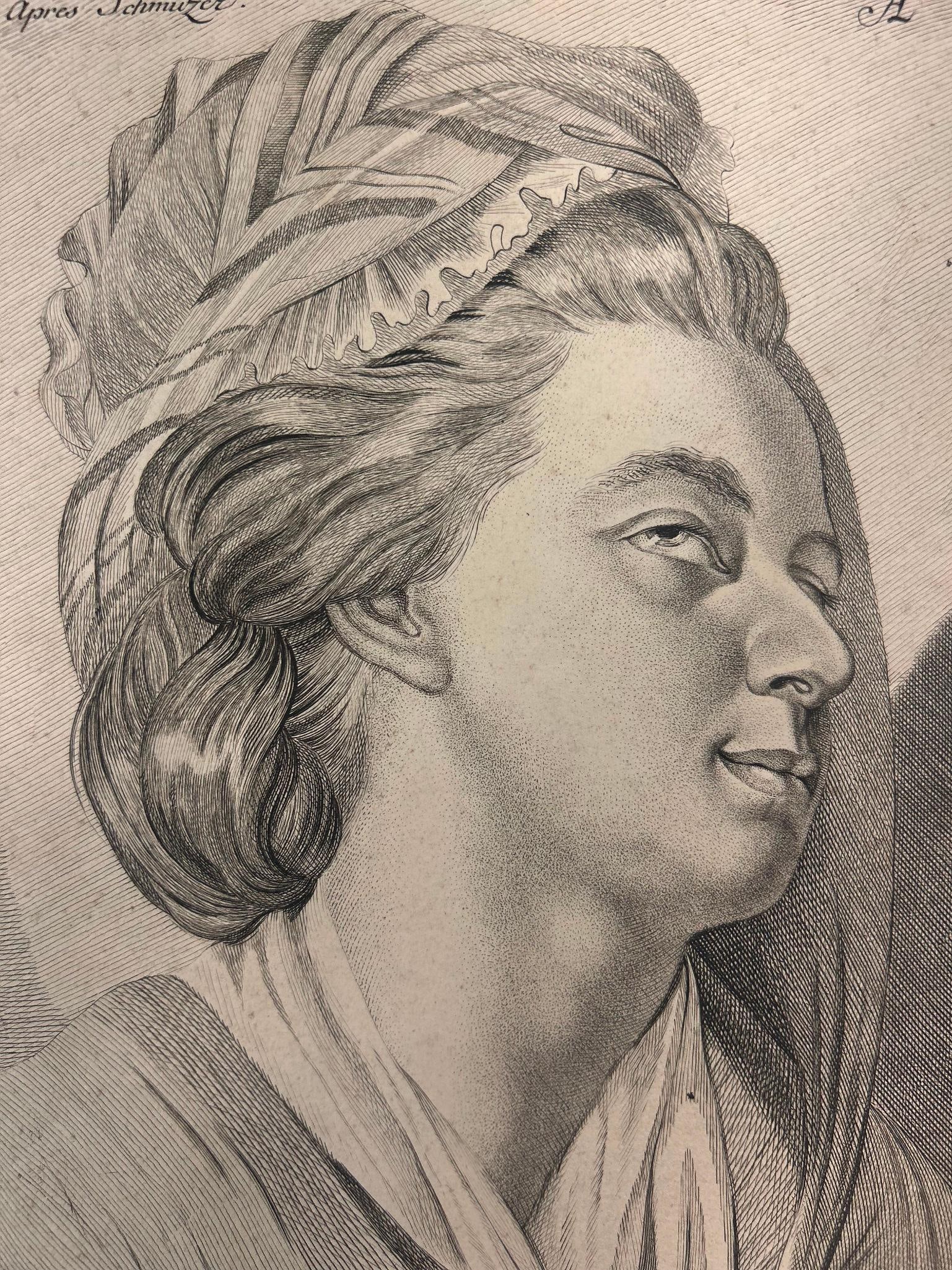 'Expressing Weakness and Affection' after Schmutzer, Jakob Mathias (1733-1811): Continental, an engraving of a man/woman expressing weakness and affection after Jakob Mathias Schmutzer. Dating to the late 18th century. Measures 10 x 14 inches, on laid paper.