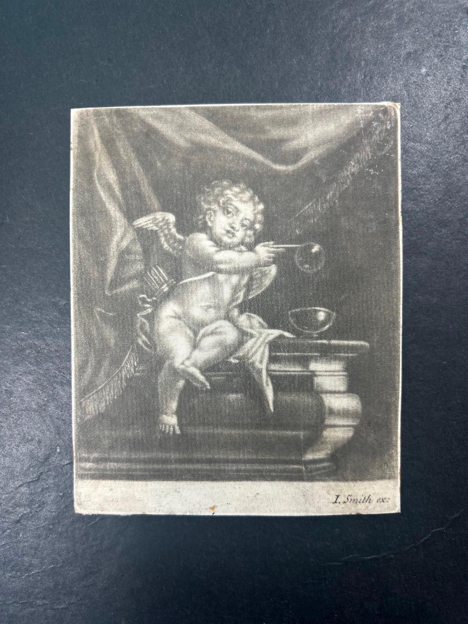 1800s Cupid Blowing Bubbles Mezzotint by John Smith (1 of 2)