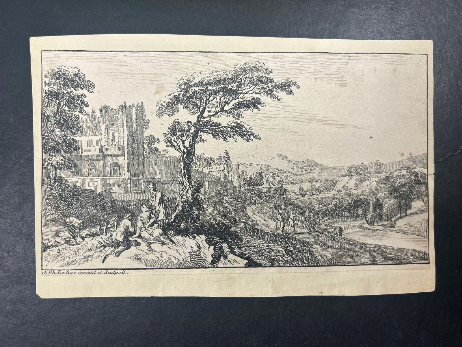Castle Landscape Engraving by Jacques Philippe Le Bas 18th century (1 of 2)