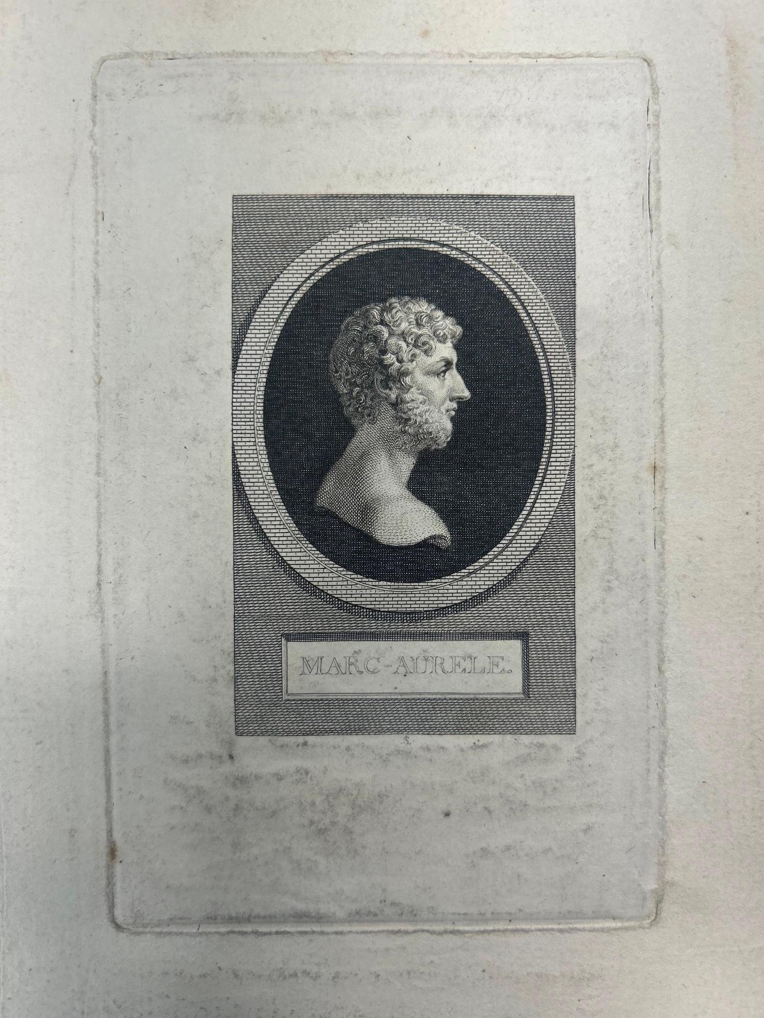 'Marc-Aurele' Engraving on Wove Paper: Continental, late 18th/19th century. A profile titled 'Marc-Aurele' on wove paper. Heavy plate mark present. Overall good condition, toning throughout. Measures 7.5 x 11 inches.