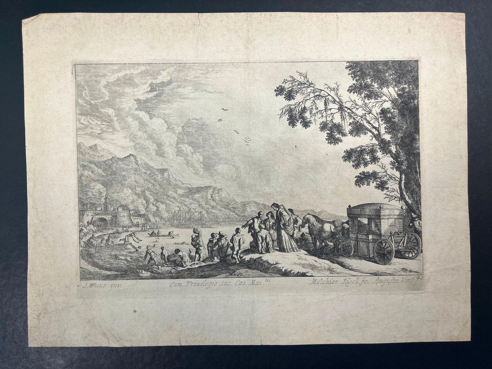 Melchior Küsel (Augsburg, 1626-1683) Engraving, 18th century: Continental, late 18th century engraving etched by Melchior Küsel (Augsburg, 1626-1683). Overall good conditom, toning and some veining throughout. Measures 14 x 9.5 inches.