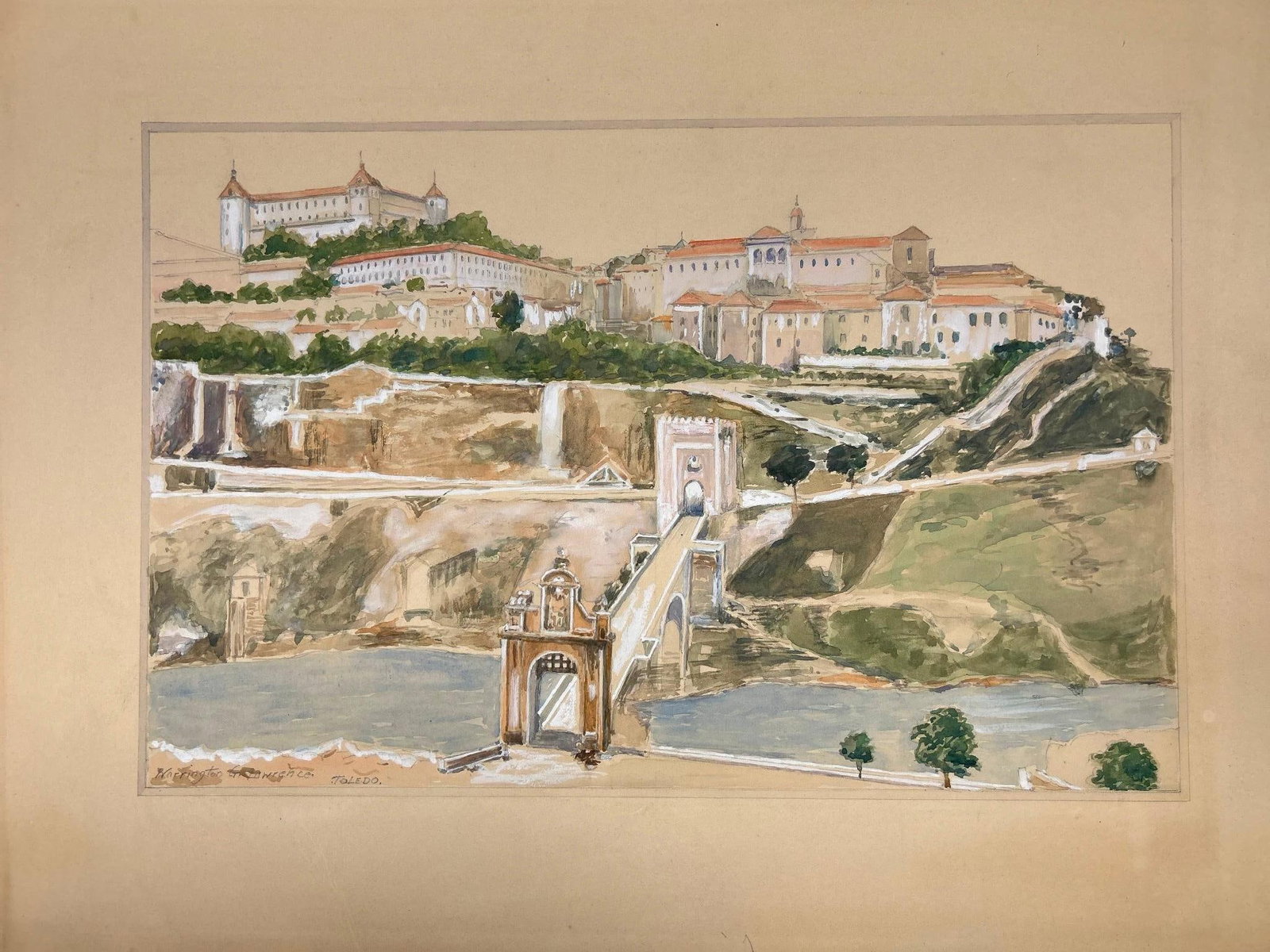 'Toledo' by Warrington G. Lawrence (Maryland, 1861-1938): America, 20th century. A watercolor painting titled 'Toledo' on board. Signed with graphite lower left. Warrington G. Lawrence began his career in the office of McKim, Mead & White. He lat