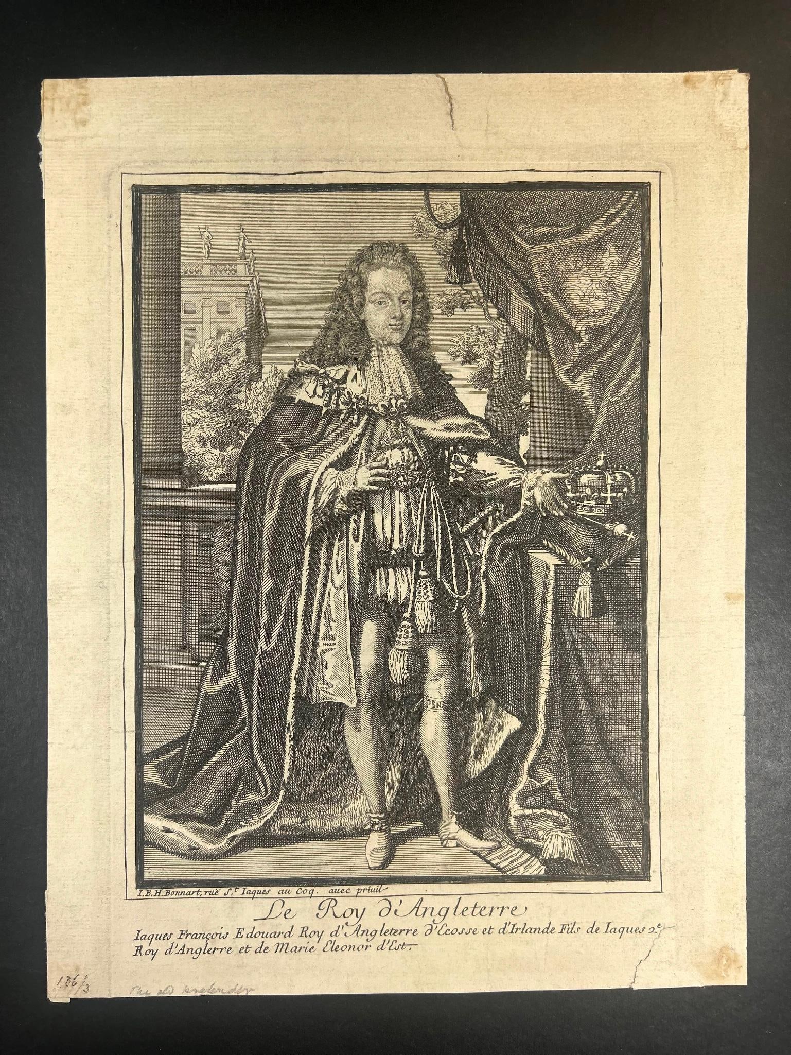R. Bonnart Le Roy d'Angleterre Engraving: R. Bonnart Le Roy d'Angleterre Engraving. On laid paper. Measures 10" x 13" Overall good condition. Some foxing and tears.