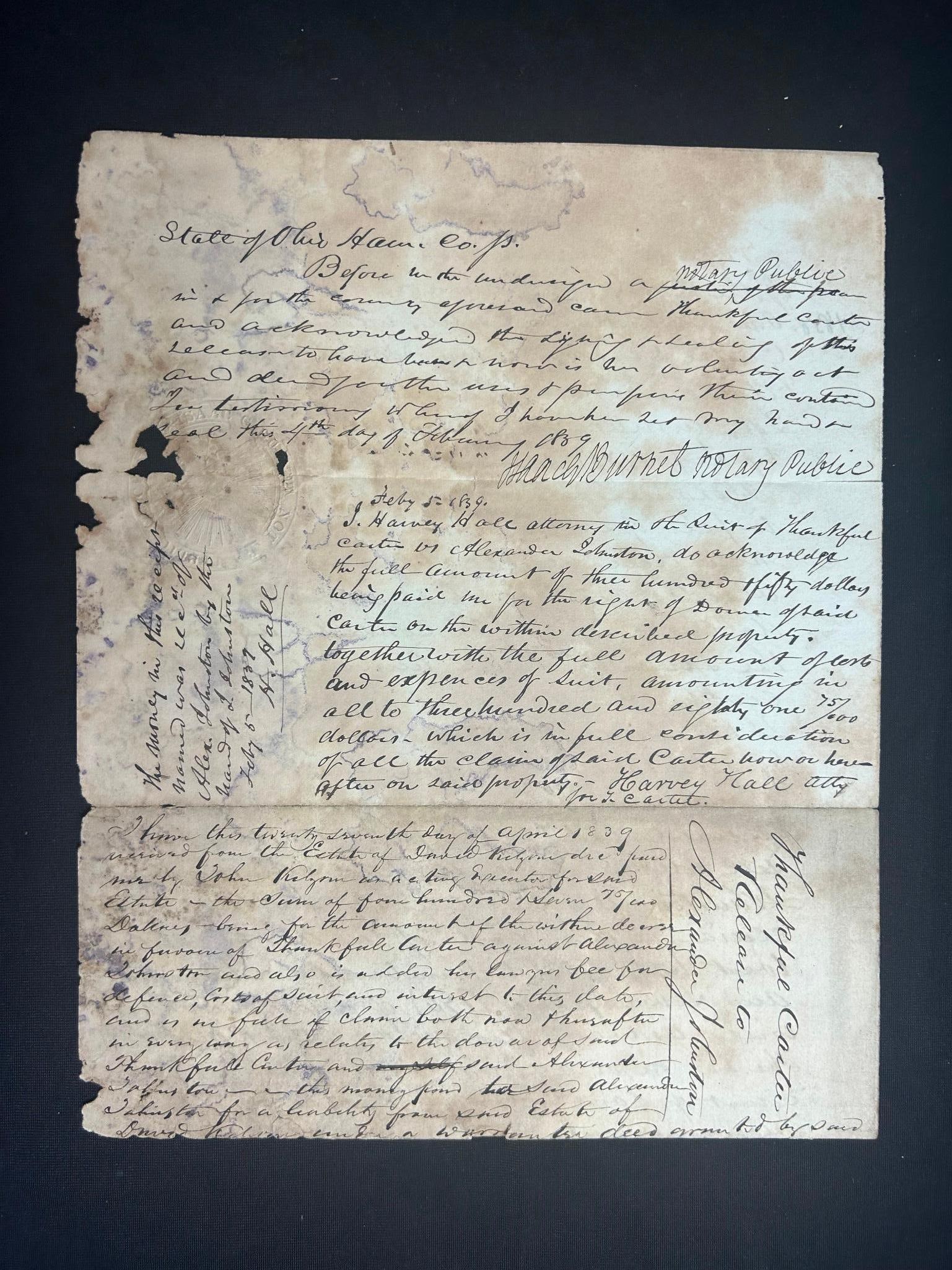 1839 Legal Document Pertaining to Hamilton County, Cincinnati, Ohio (1 of 4)