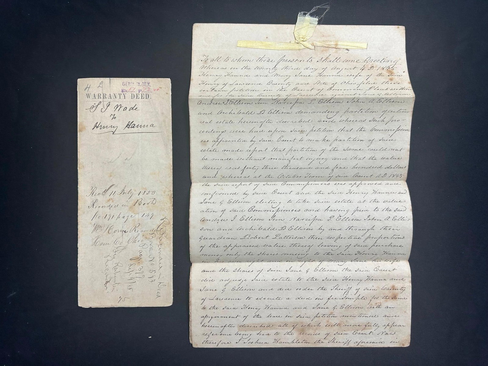 1845 Henry Hanne Land Deeds, Cincinnati, Ohio: America, 19th century. Three deeds deeds paid by Henry Hanna for Cincinnati land in the years 1845, 1848, and 1853. Henry Hanna (1812-1905) was a notable Cincinnati industrialist, philanthropist, and 