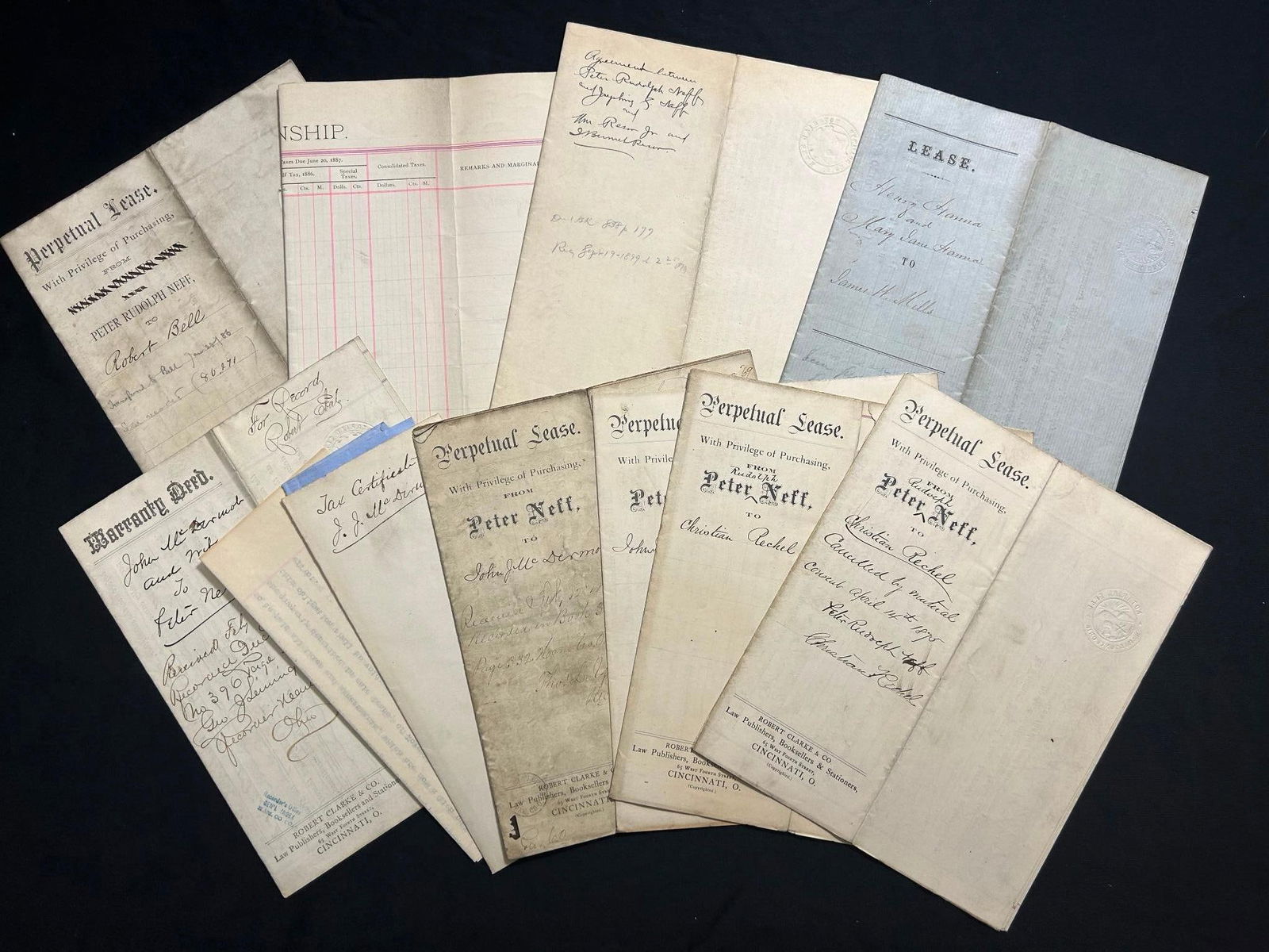 1880s Peter Neff Cincinnati Deeds and Ledger of Proprietors: America, 19th century. A collection of land deeds according to Peter Neff, as well as a ledger recording the proprietors of his land. 448