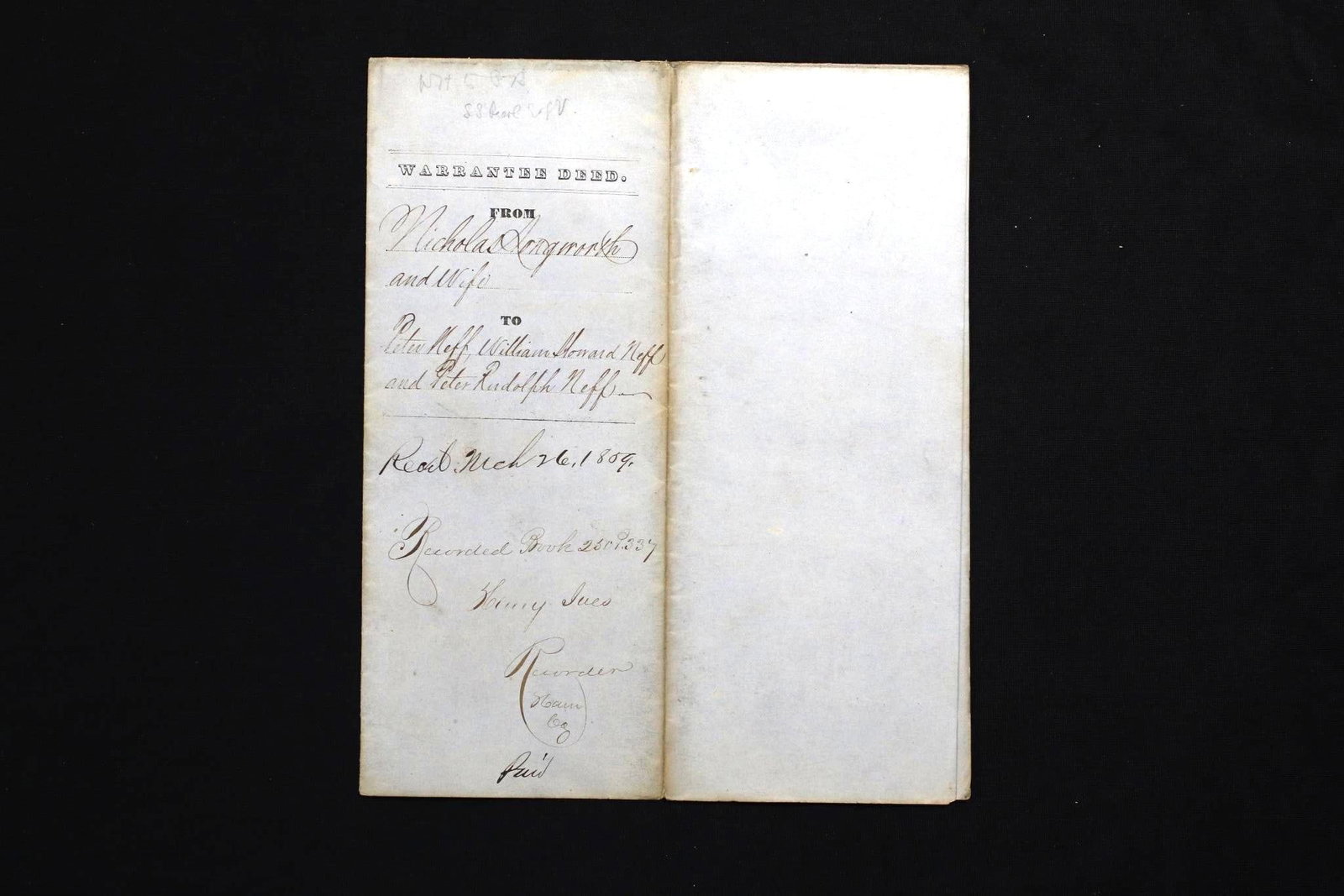 1859 Deed Between Nicholas Longworth II and the Neff Family: America, 19th century. A warrantee deed from 1859 between Nicholas Longworth II, his wife, and member of the Neff family. This document is signed by Nicholas Longworth II and other members of the deed