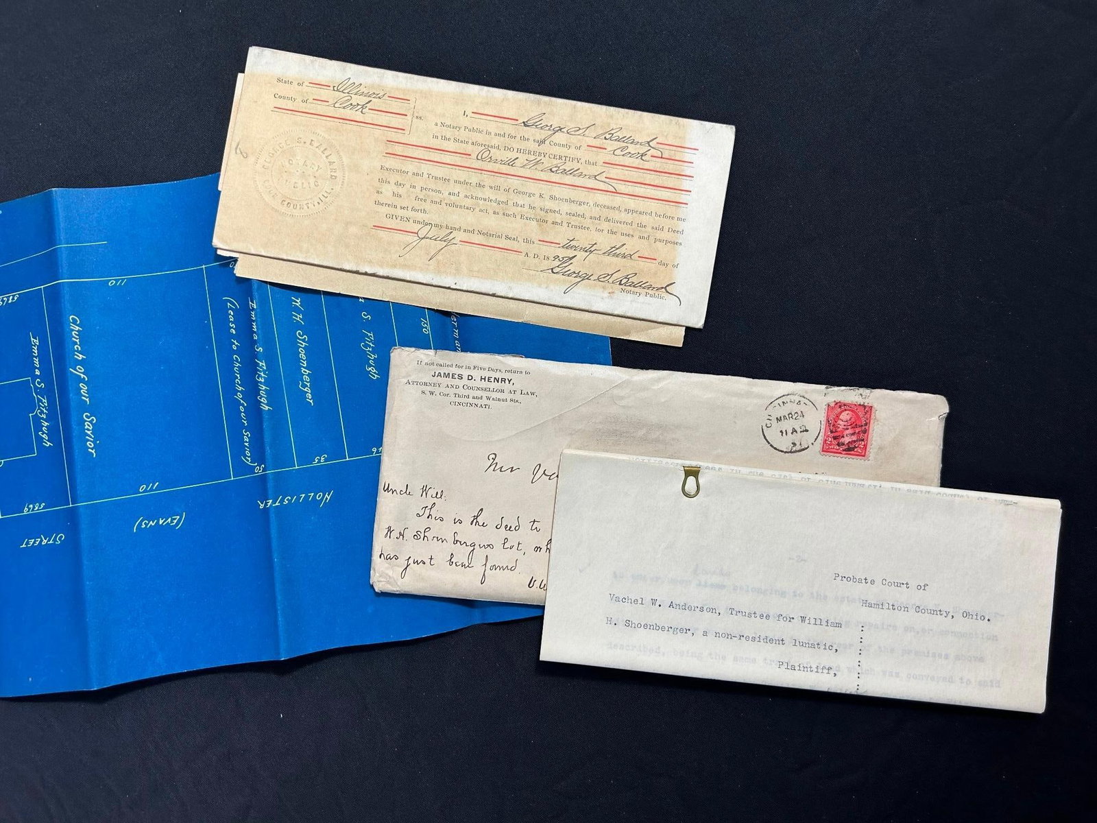 1895 Hollister Street Blueprint and Real Estate Court Documents: America, 19th century. A collection of documents from a summons in Hamilton, County having to do with the estate of William H. Shoenberger. Included is an original blueprint of the desired area near H