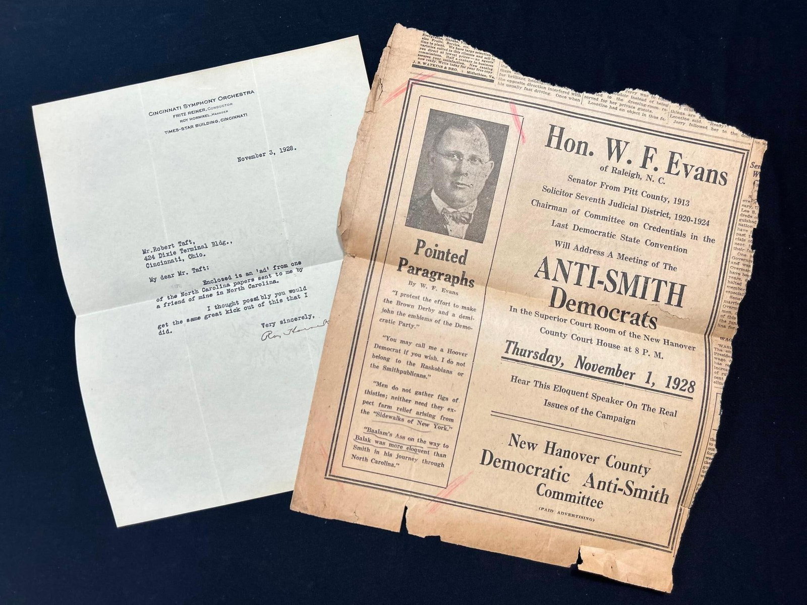 A Letter and Newspaper Clipping Addressed to Robert A. Taft: America, 20th century. A letter dated 1928 to Robert A. Taft, son of William H. Taft, concerning an 'ad' from North Carolina. Newspaper page included, which details W.F. Evans meeting of the A
