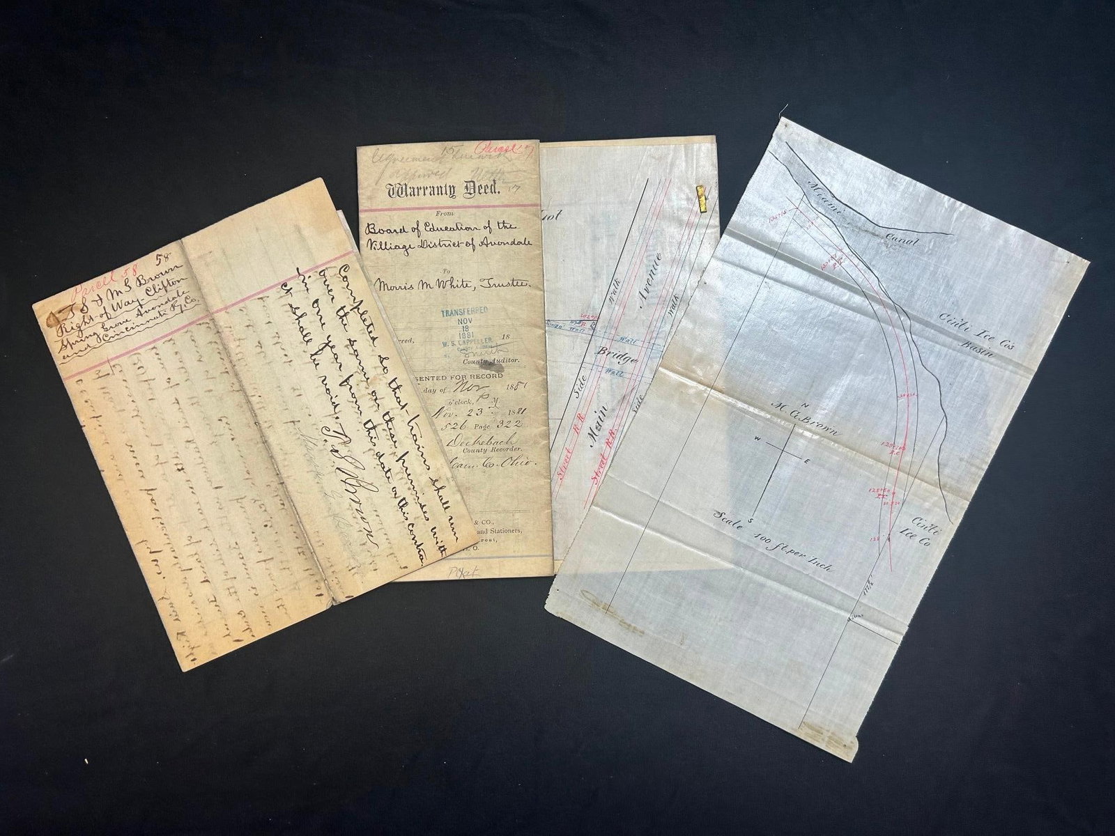 Maps of the Miami Canal and Spring Grove, Avondale & Cincinnati Railway Deed: America, 19th century. A pair of maps detailing the Miami Canal and right of way for the railroad. 433