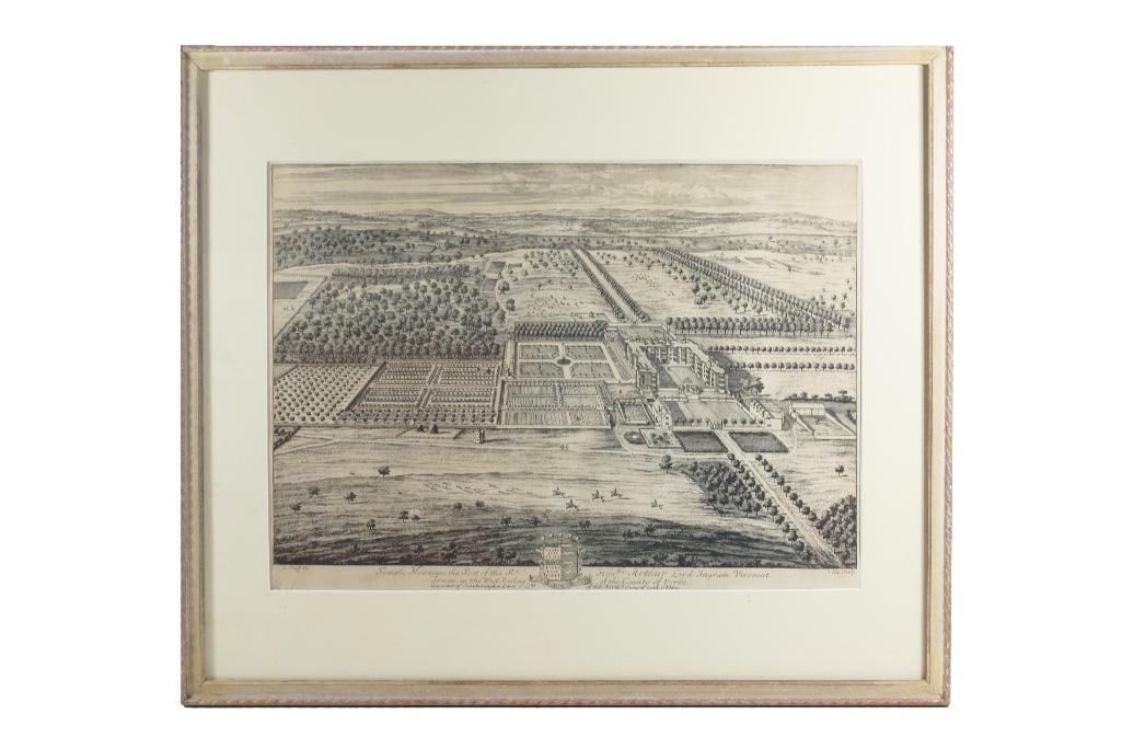 An Antique Engraving of Temple Newsman, After L. Knuff: 18th century, print in good condition. Damage to frame, unstable.