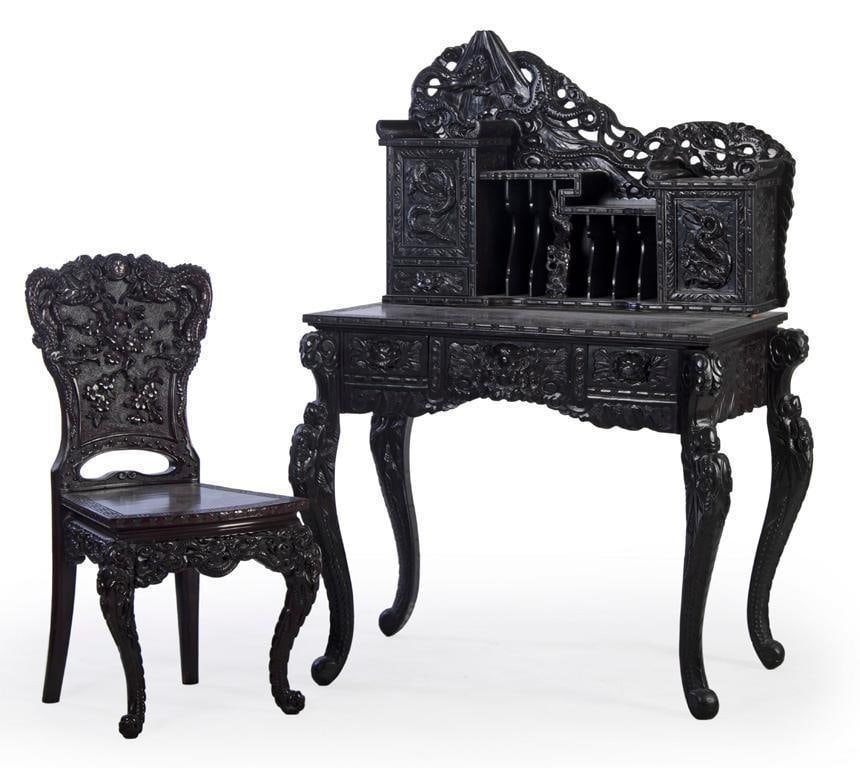 An Elaborately Carved Japanese Desk and Chair (1 of 5)