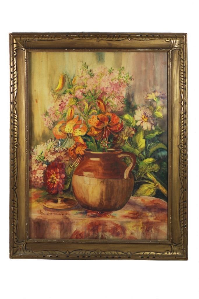 Watercolor Still-Life by Anna Louise Hawks: America, 19th century, c. 1928. A colorful still-life by Anna Louise Hawks within period frame.