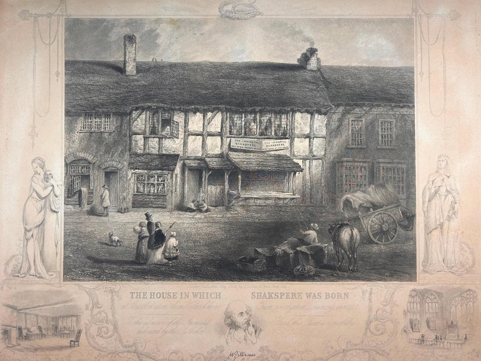 1800s The House In Which Shakspere (Shakespeare) Was Born TH Ellis Etching: 1800s The House In Which Shakspere (Shakespeare) Was Born TH Ellis after JT Clark Etching. Depicts a tudor house in Stratford on Avon, where Shakespeare was born. 2 small vignettes below. Approx 20 1/
