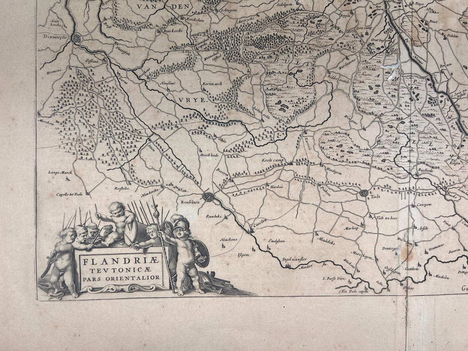 Antique Map of Flanders: Antique map of Flanders / Belgium. Measures approx 22 1/2" x 18 1/2" Overall good condition. Some staining and loss to edges.