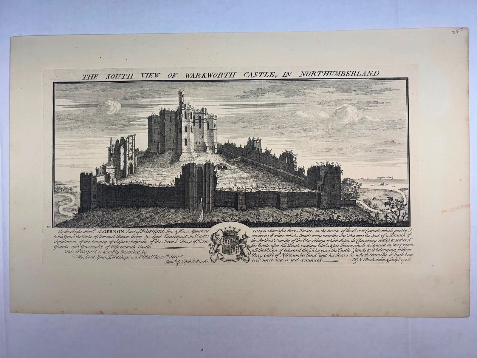 South View of Warkworth Castle Engraving: South View of Warkworth Castle Engraving. On laid paper. 18th Century. Page measures approx 17 1/2" x 10 3/4" Overall good condition. Some foxing.
