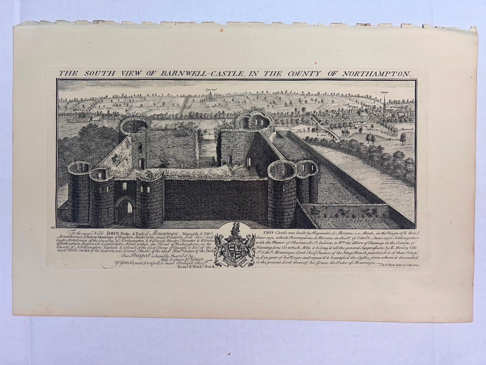 S & N Buck The South West View of the Barnwell Castle Engraving: The South West View of the Barnwell Castle Engraving by S & N Buck. On laid paper. 18th Century. 17 1/2" x 11 1/4" Overall good condition.
