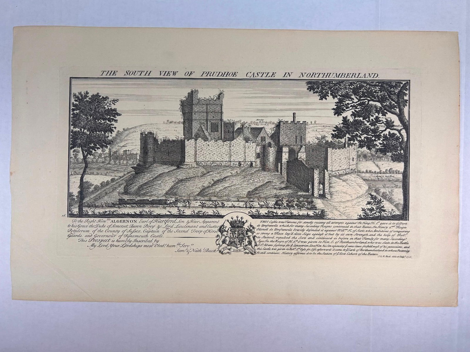 1728 S & N Buck South View of Prudhoe Castle: 1728 S & N Buck South View of Prudhoe Castle. On laid paper. 18" x 11" Overall good condition. Some toning and crease in lower left margin.