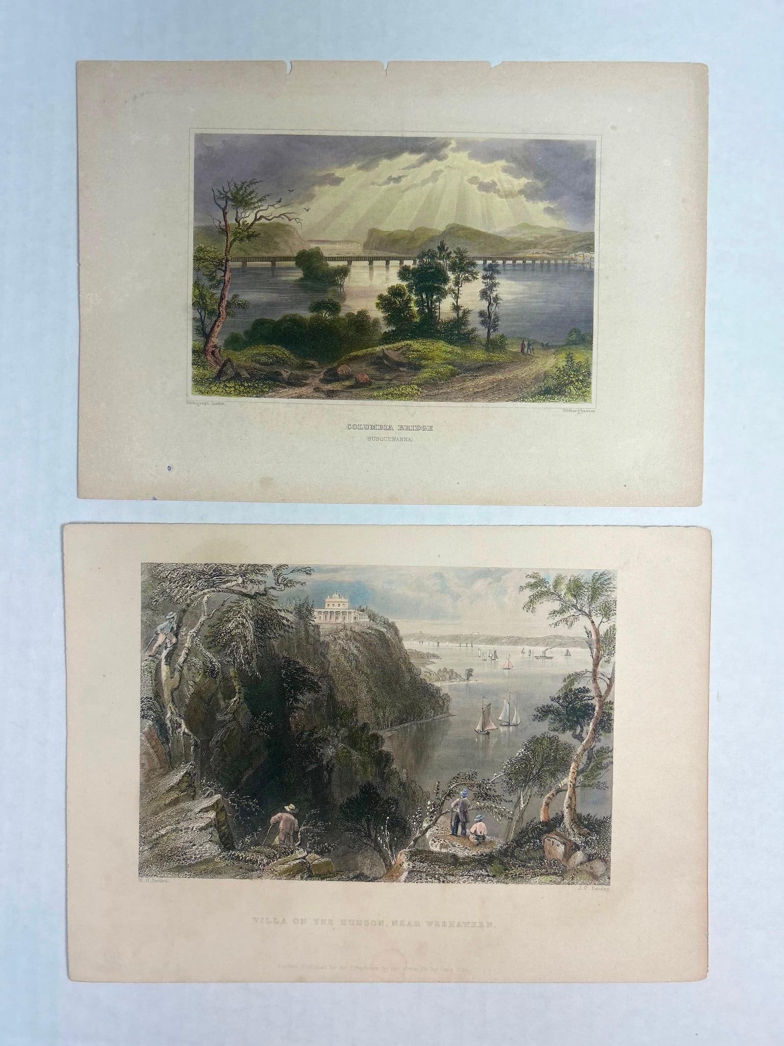 Pair of Hand-Colored Engravings Columbia Bridge and Villa on the Hudson (1 of 4)