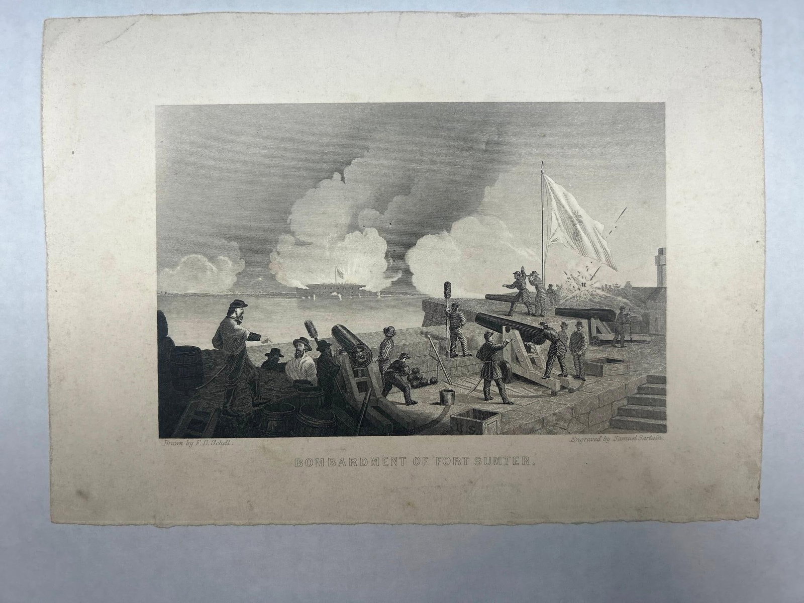 'Bombardment of Fort Sumter' Engraved by Samuel Sartain After F. B. Schell: 'Bombardment of Fort Sumter' Engraved by Samuel Sartain After F. B. Schell 8 3/4" x 6 1/4" Foxing, loss to edge.