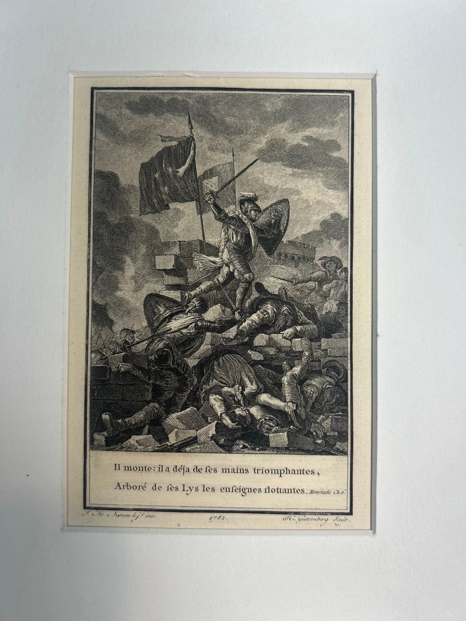 1782 'Le Pauvre Diable' by Voltaire, Henriade, Guttenberg Engraving Battle Scene: 1782 Voltaire, Henriade, Guttenberg Engraving Battle Scene. On laid paper. Page measures approx 10" x 6 1/2" Overall good condition.