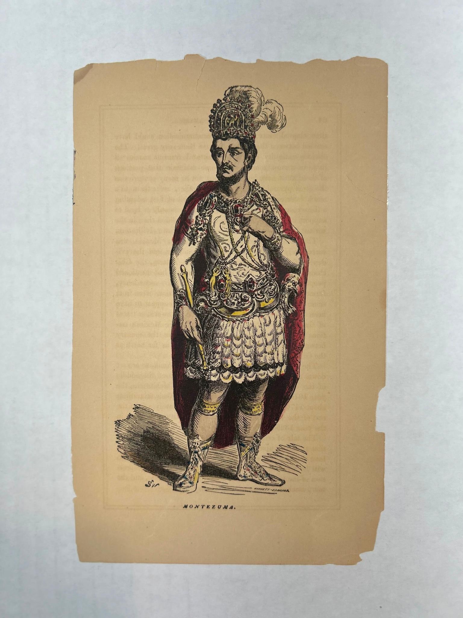 Montezuma Hand-colored Engraving, c. 1857: An engraving of Montezuma, Emperor of the Aztec Empire 1502-1520. Signed in the engraving Bobbett Edmonds. Bookplate. 9.5 x 5.75 inches.