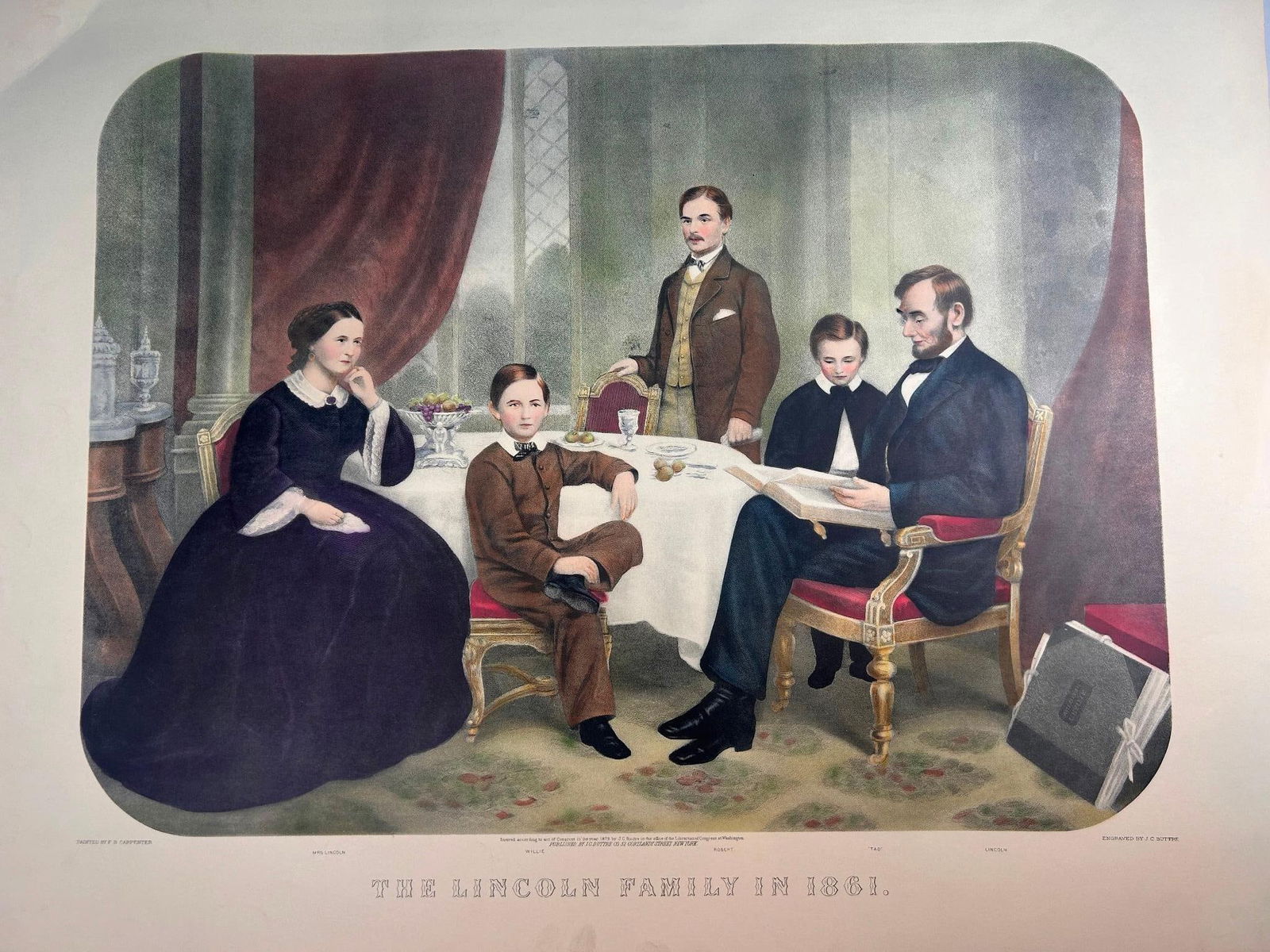 'The Lincoln Family in 1861' Mezzotint c. 1873 after F.B. Carpenter: American, 19th century. A mezzotint after F.B. Carpenter; engraved by J.C. Buttre. Measures 30 x 26 inches. Overall good condition, toning and small tears in margins.