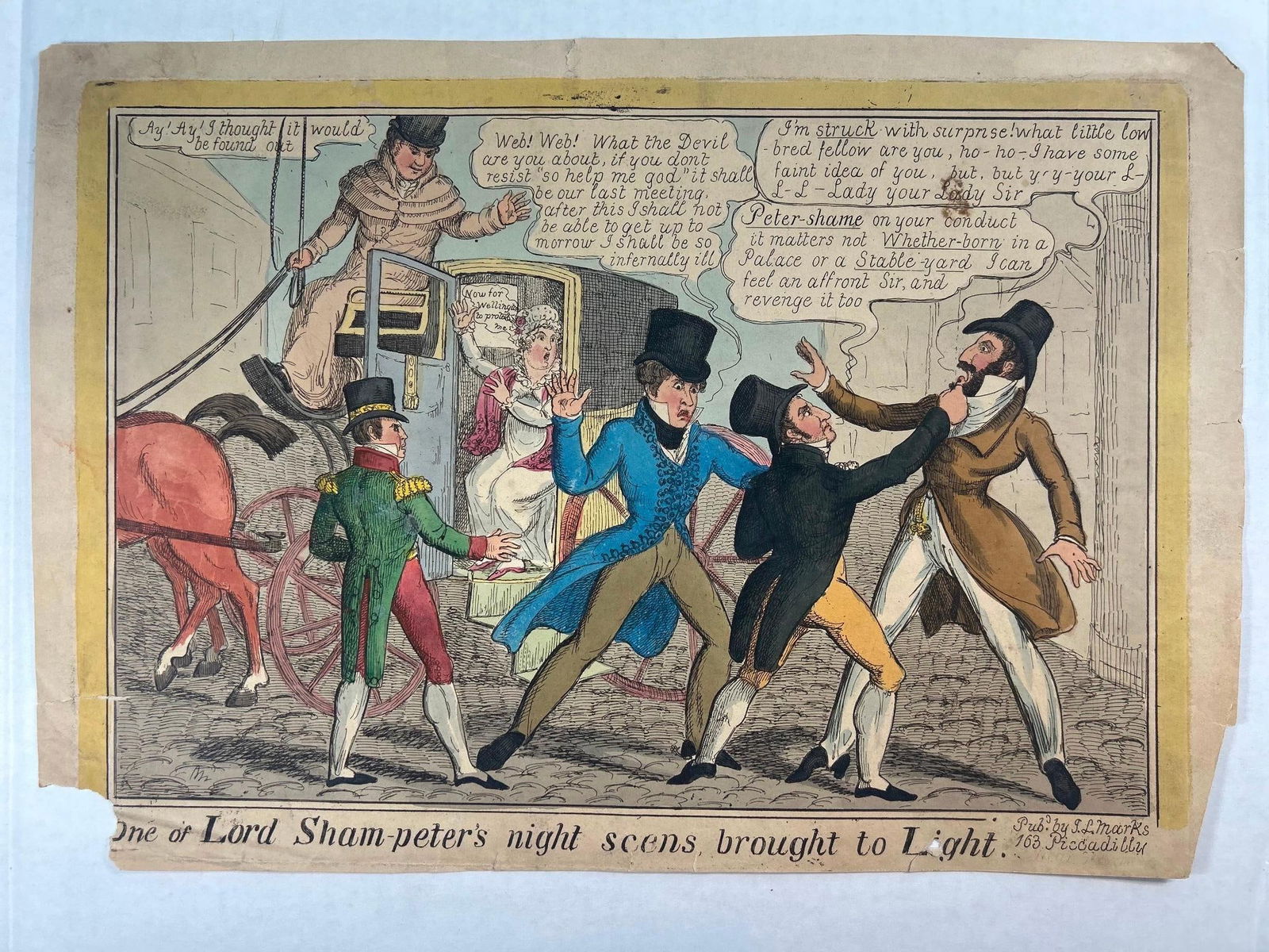 'One of the Lord Sham-peter's night scens brought to Light' Satirical Engraving: England, 19th century. A early 1800's satirical cartoon on wove paper. Measures 15 x 11 inches. Overall good condition; some toning and wear to edges. Bottom right corner missing.