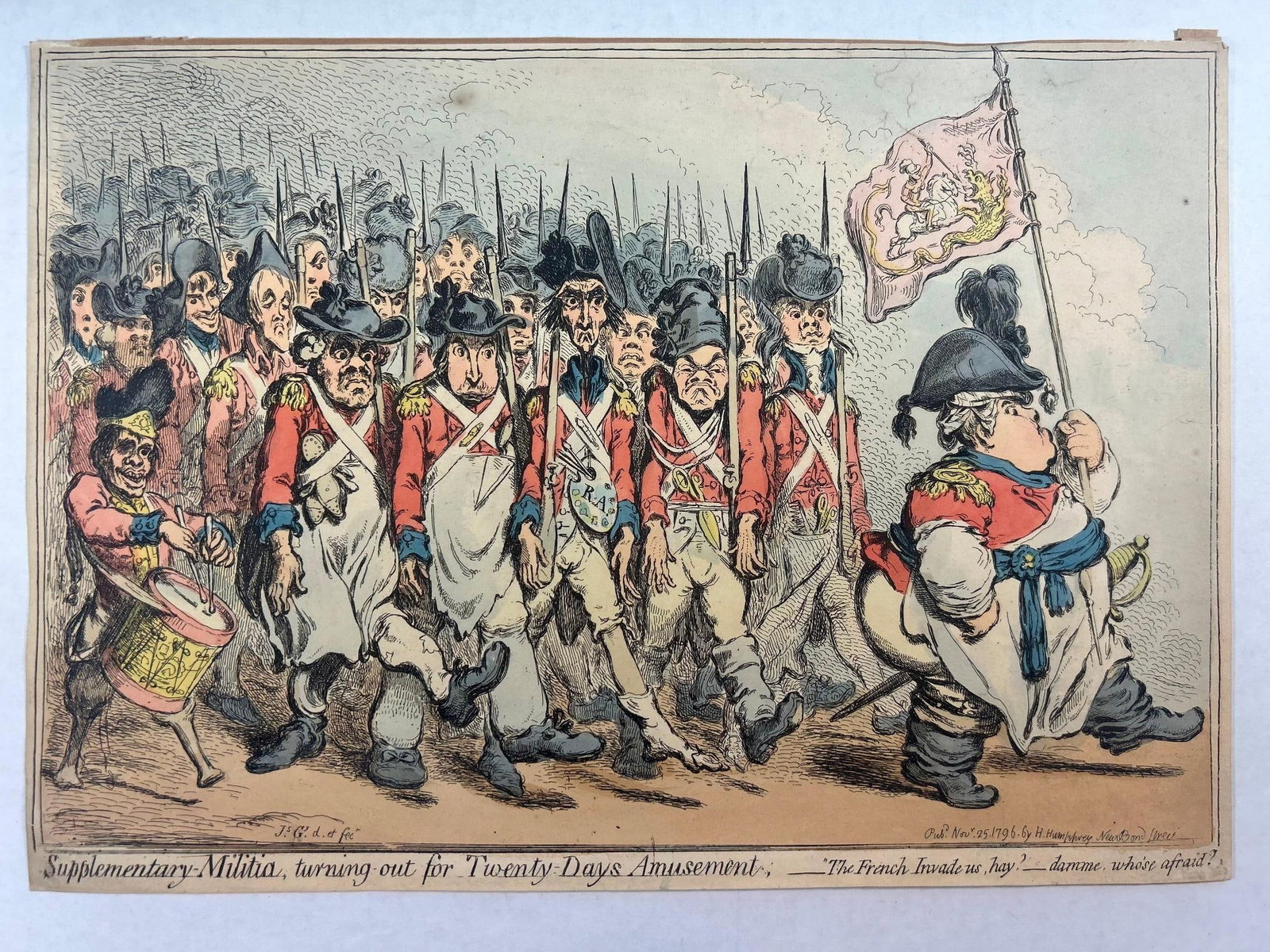 'Supplementary Militia..." Political Engraving after Hoppner: England, 19th century. A hand-colored cartoon of the 'supplementary milia turning out for twenty days' after a painting by Hoppner. Measures 14 x 10 inches. Overall good condition.
