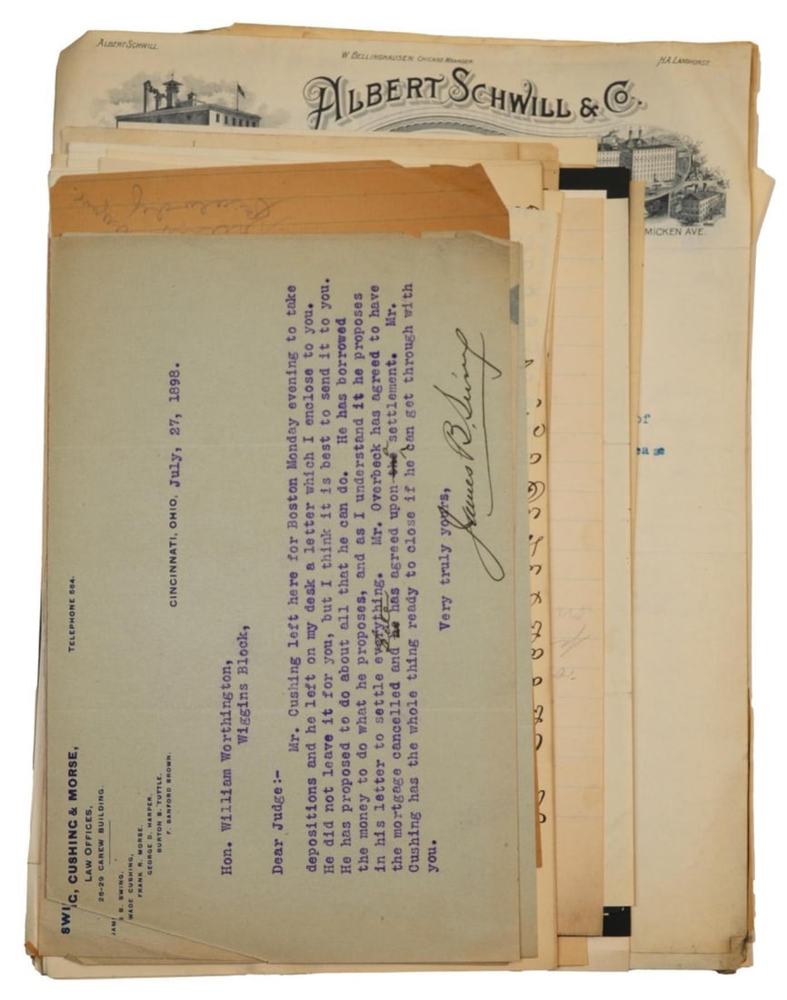 Judge Worthington Law Correspondence, Cincinnati c. 1890s: A large lot of letters pertaining to Judge Worthington from the late 19th century. Includes unique antique letterheads specific to Cincinnati, including Albert Schwill & Co. William Worthington (1